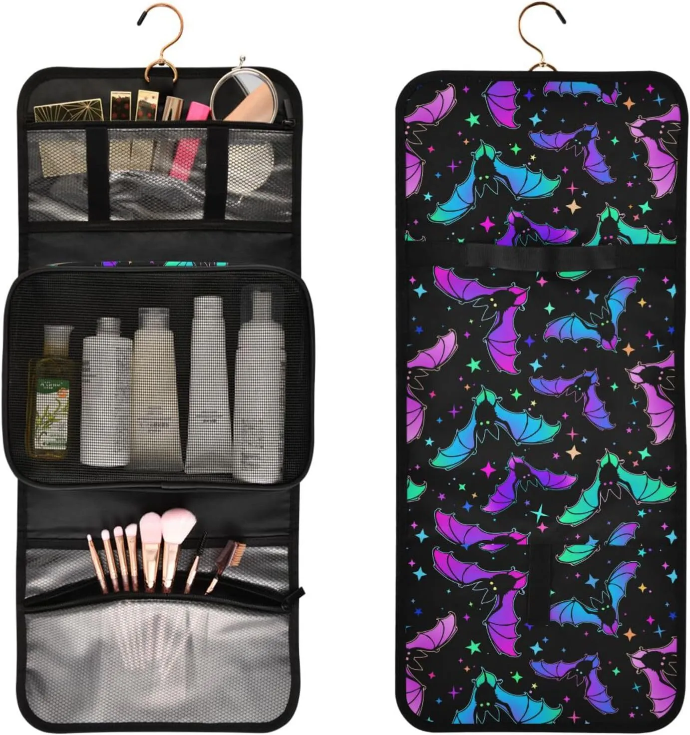 MNSRUU Goth Toiletry Bag Luminous Bat Makeup Bag Spooky Hanging Travel Bag for Toiletries 3 PCS Toiletry Organizer Portable Makeup Cosmetic Bag Brushes Set