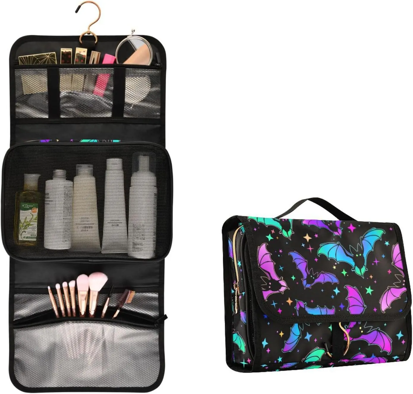 MNSRUU Goth Toiletry Bag Luminous Bat Makeup Bag Spooky Hanging Travel Bag for Toiletries 3 PCS Toiletry Organizer Portable Makeup Cosmetic Bag Brushes Set