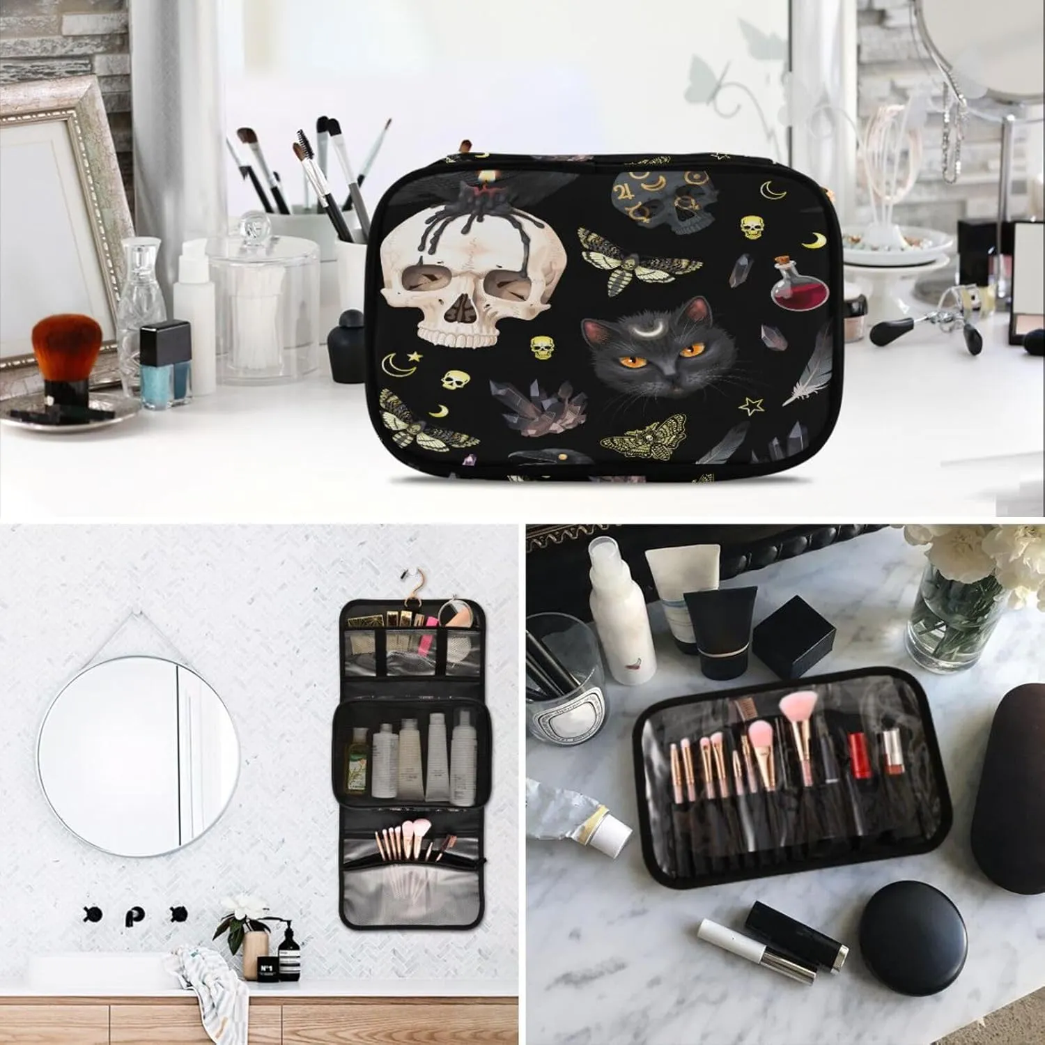 MNSRUU Toiletry Bag Goth Skull Moth Hanging Makeup Bag Travel bag for Toiletries 3 PCS Toiletry Bags Set for Traveling, Travel Organizer for Accessories