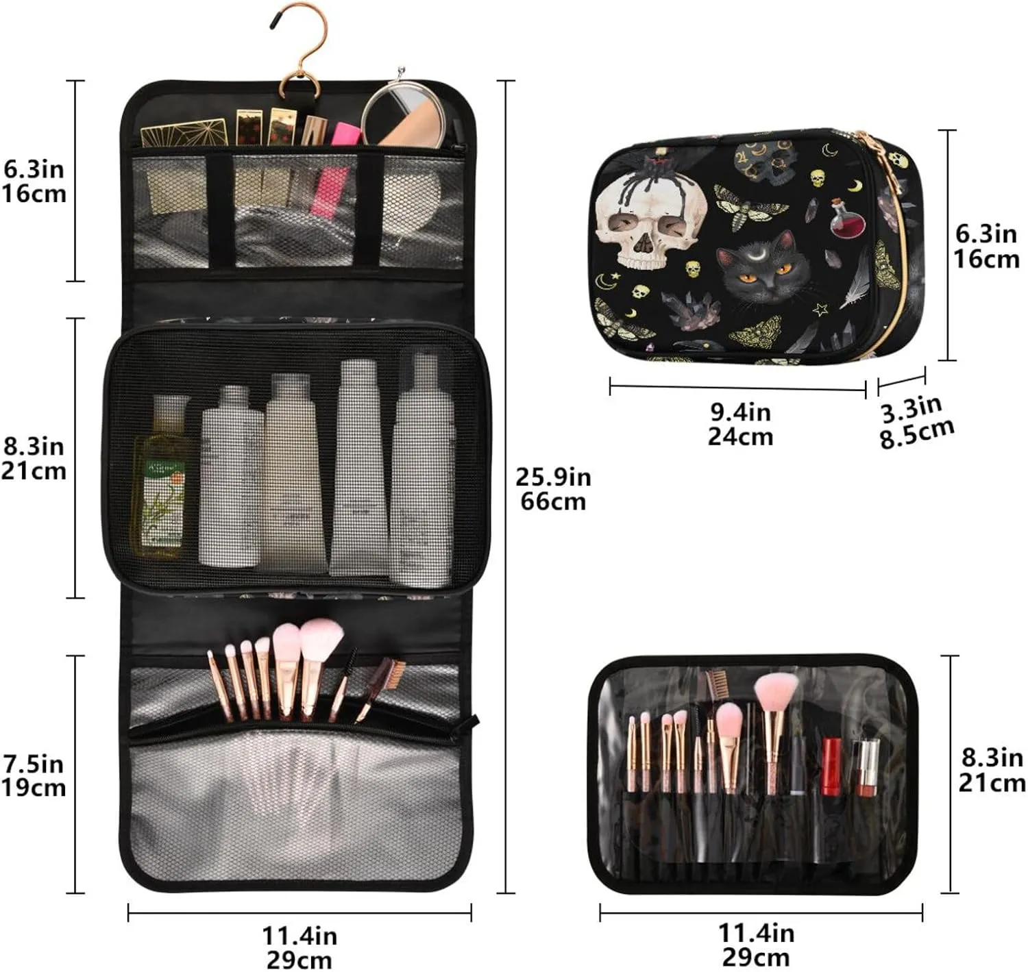 MNSRUU Toiletry Bag Goth Skull Moth Hanging Makeup Bag Travel bag for Toiletries 3 PCS Toiletry Bags Set for Traveling, Travel Organizer for Accessories