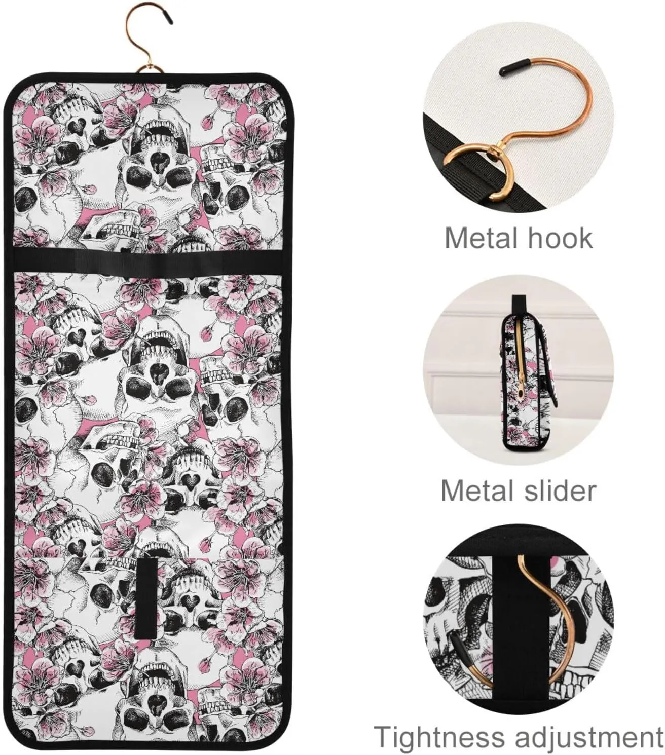 MNSRUU Toiletry Bag Pink Floral Skull Hanging Makeup Bag Travel bag for Toiletries 3 PCS Toiletry Bags Set for Traveling, Travel Organizer for Accessories