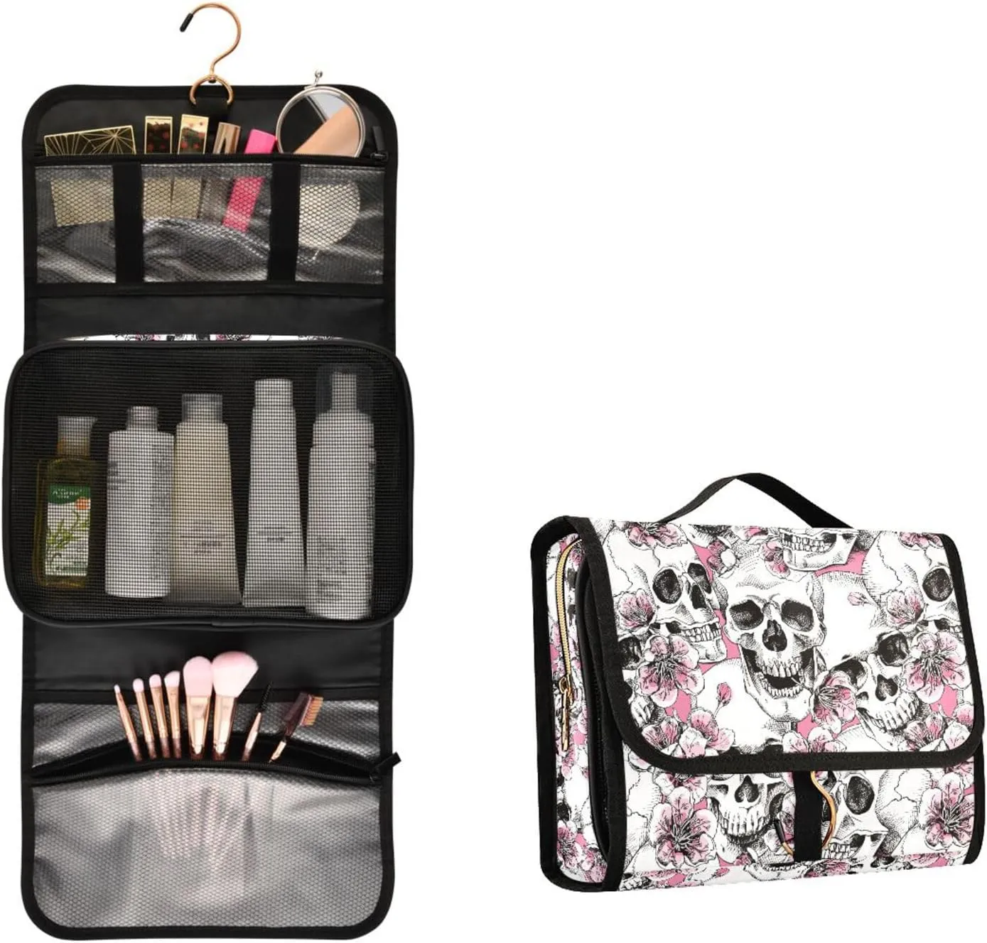MNSRUU Toiletry Bag Pink Floral Skull Hanging Makeup Bag Travel bag for Toiletries 3 PCS Toiletry Bags Set for Traveling, Travel Organizer for Accessories