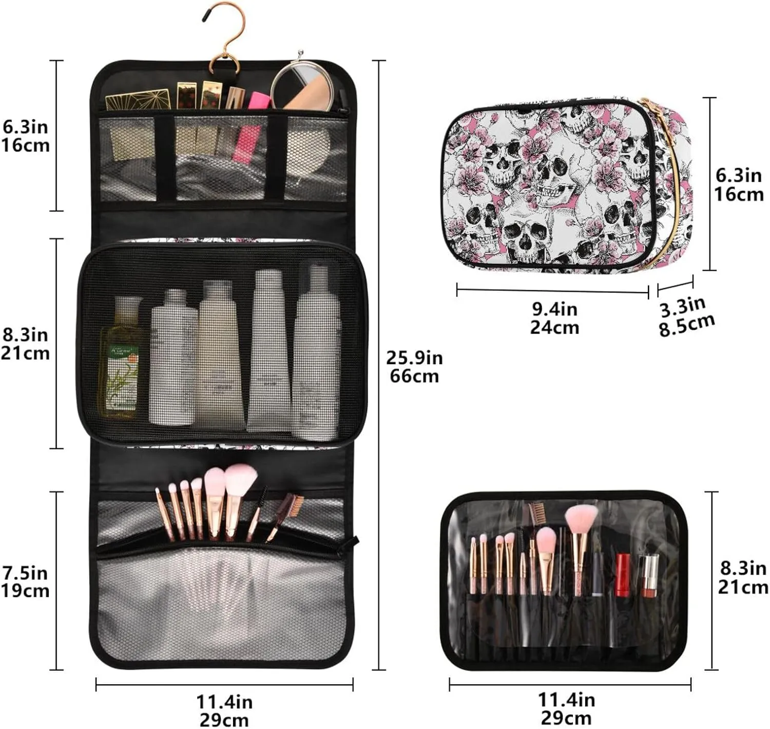MNSRUU Toiletry Bag Pink Floral Skull Hanging Makeup Bag Travel bag for Toiletries 3 PCS Toiletry Bags Set for Traveling, Travel Organizer for Accessories