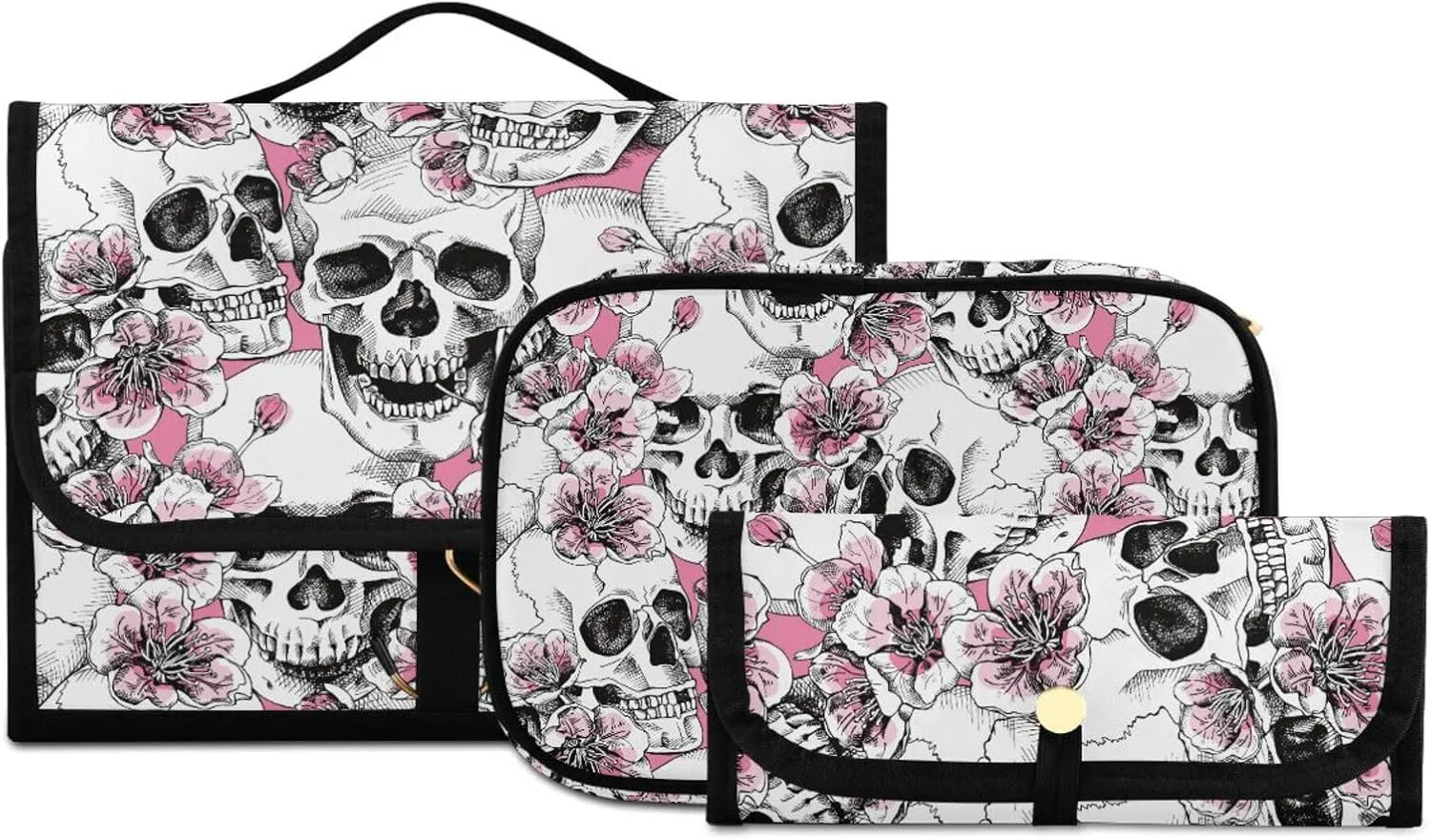 MNSRUU Toiletry Bag Pink Floral Skull Hanging Makeup Bag Travel bag for Toiletries 3 PCS Toiletry Bags Set for Traveling, Travel Organizer for Accessories
