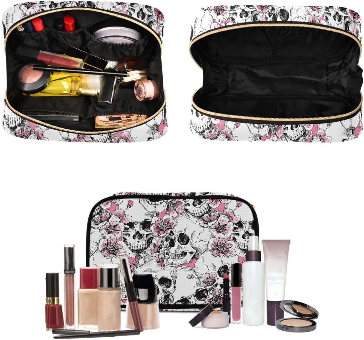 MNSRUU Toiletry Bag Pink Floral Skull Hanging Makeup Bag Travel bag for Toiletries 3 PCS Toiletry Bags Set for Traveling, Travel Organizer for Accessories