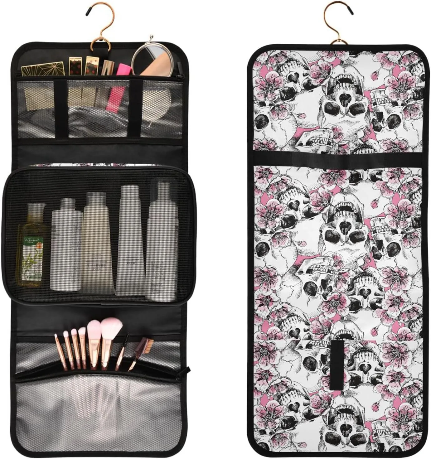 MNSRUU Toiletry Bag Pink Floral Skull Hanging Makeup Bag Travel bag for Toiletries 3 PCS Toiletry Bags Set for Traveling, Travel Organizer for Accessories