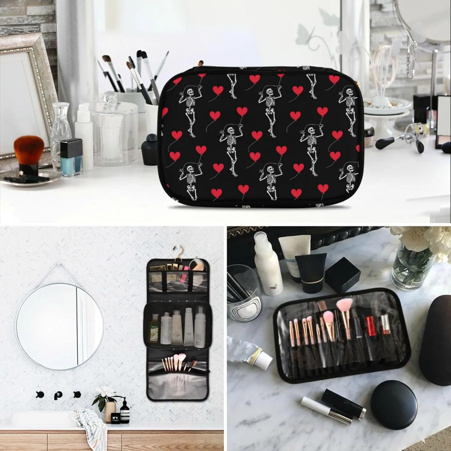 MNSRUU Toiletry Bag Romantic Skull Gothic Hanging Makeup Bag for Toiletries 3 PCS Travel Toiletry Organizer Bags Portable Clear Toiletry Kit