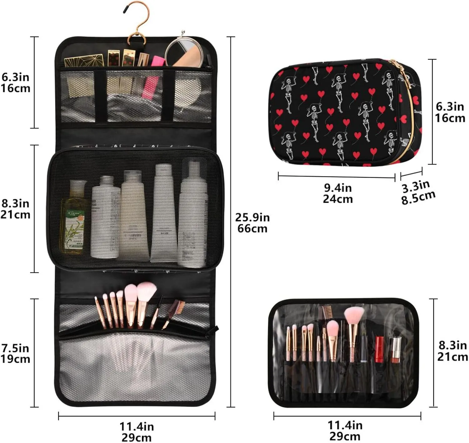 MNSRUU Toiletry Bag Romantic Skull Gothic Hanging Makeup Bag for Toiletries 3 PCS Travel Toiletry Organizer Bags Portable Clear Toiletry Kit