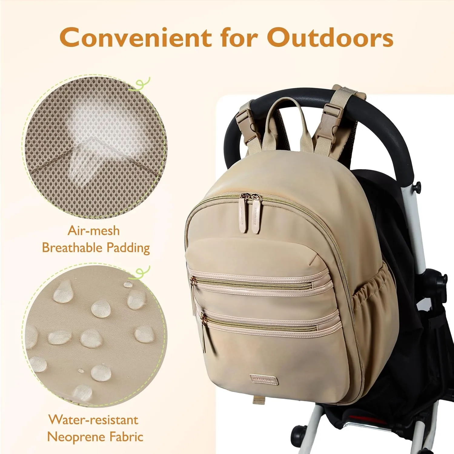 mommore Neoprene Diaper Bag Backpack Small Baby Bag Travel Mini Diaper Backpack for Newborn with Insulated Pockets (Beige)