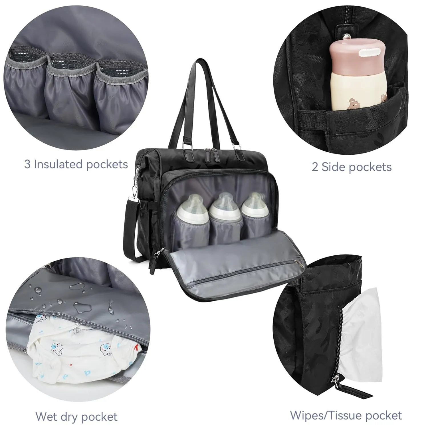 Mom‘s Diaper Bag 4 in 1 Diaper Baby Tote, Hospital Bag for Labor & Delivery, Large Waterproof Baby Travel Weekender with 3 Insulated Pockets, Camo Black