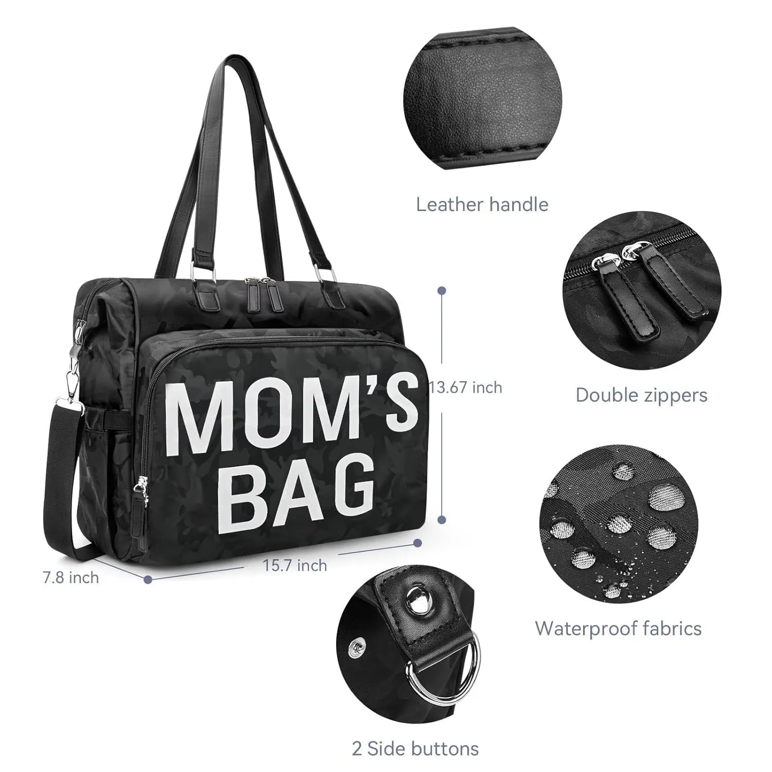 Mom‘s Diaper Bag 4 in 1 Diaper Baby Tote, Hospital Bag for Labor & Delivery, Large Waterproof Baby Travel Weekender with 3 Insulated Pockets, Camo Black