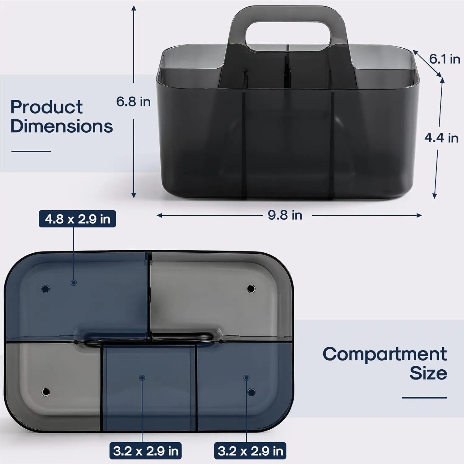 Multiuse Caddy Organizer with Handle - Stackable Plastic Bin - Divided Storage Tote Holder for Art Craft Supplies, Makeup, Bathroom, Shower, Cleaning, Kitchen, Office, Dorm, Desktop - Clear Black