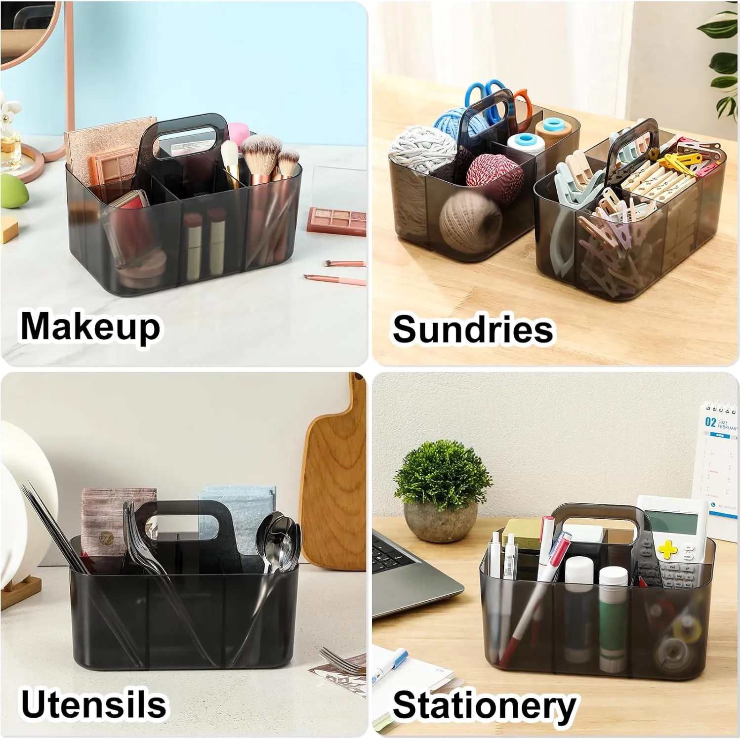 Multiuse Caddy Organizer with Handle - Stackable Plastic Bin - Divided Storage Tote Holder for Art Craft Supplies, Makeup, Bathroom, Shower, Cleaning, Kitchen, Office, Dorm, Desktop - Clear Black