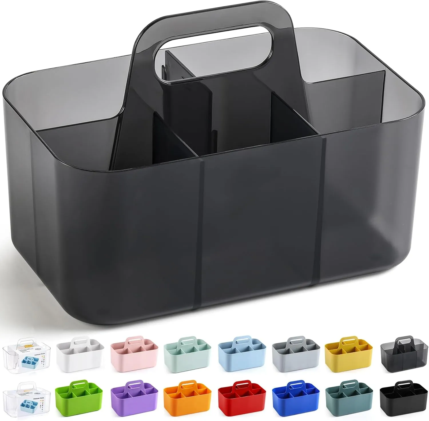 Multiuse Caddy Organizer with Handle - Stackable Plastic Bin - Divided Storage Tote Holder for Art Craft Supplies, Makeup, Bathroom, Shower, Cleaning, Kitchen, Office, Dorm, Desktop - Clear Black