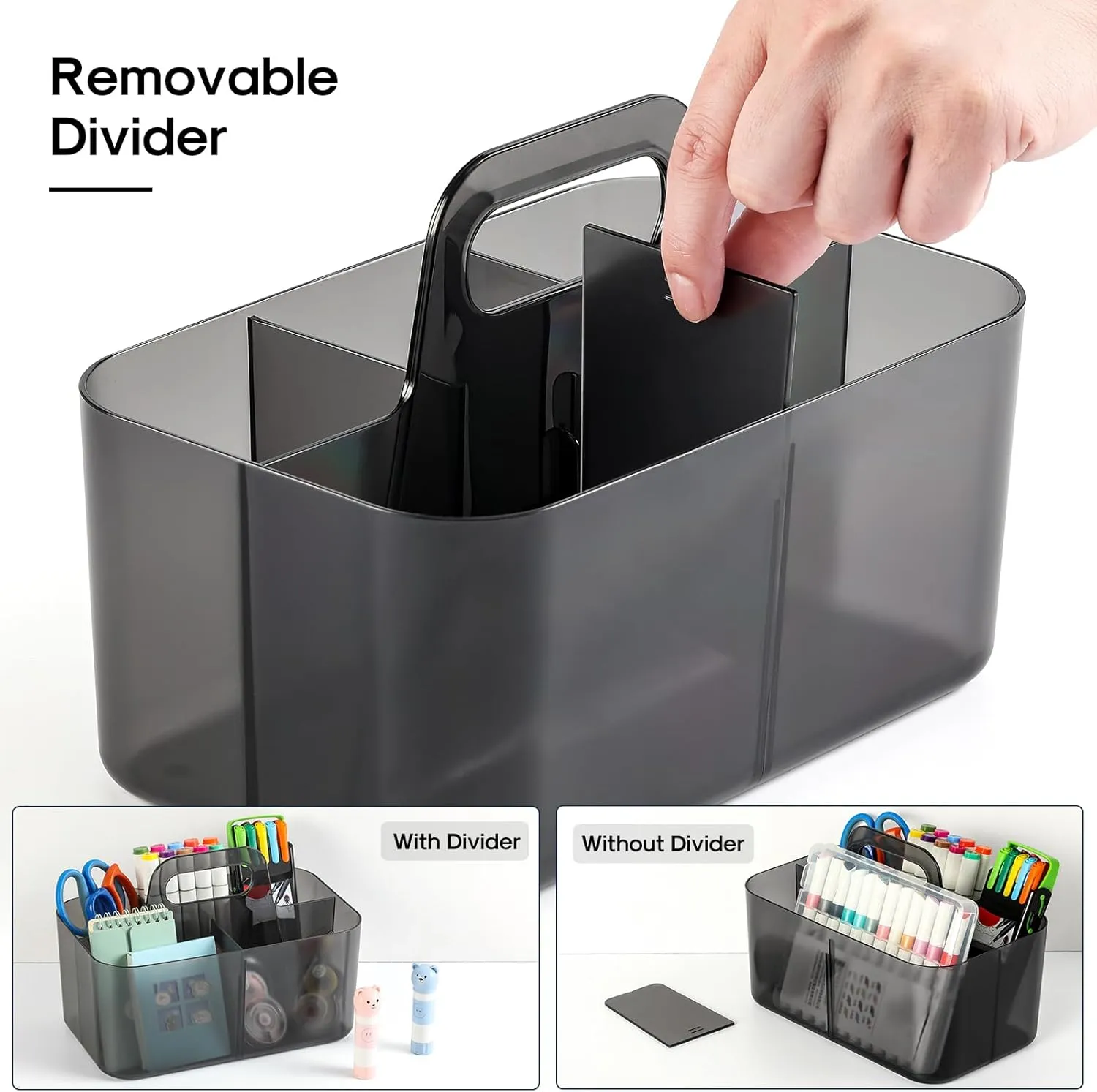 Multiuse Caddy Organizer with Handle - Stackable Plastic Bin - Divided Storage Tote Holder for Art Craft Supplies, Makeup, Bathroom, Shower, Cleaning, Kitchen, Office, Dorm, Desktop - Clear Black