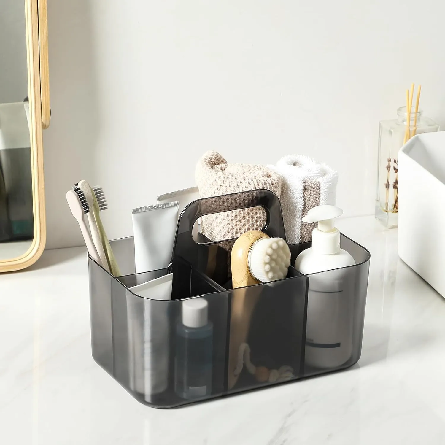 Multiuse Caddy Organizer with Handle - Stackable Plastic Bin - Divided Storage Tote Holder for Art Craft Supplies, Makeup, Bathroom, Shower, Cleaning, Kitchen, Office, Dorm, Desktop - Clear Black