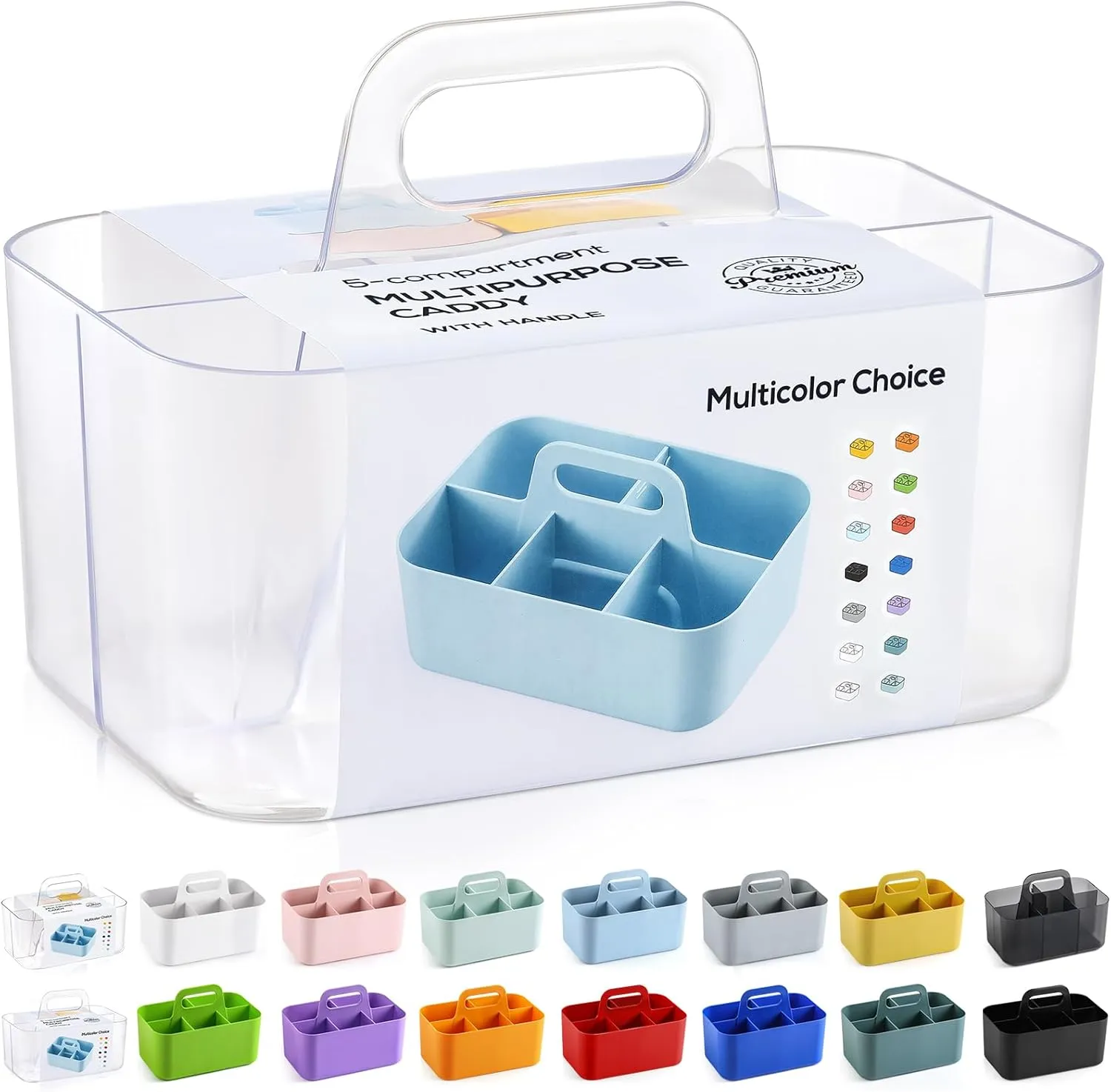 Multiuse Caddy Organizer with Handle - Stackable Plastic Bin - Divided Storage Tote Holder for Art Craft Supplies, Makeup, Bathroom, Shower, Cleaning, Kitchen, Office, Dorm, Desktop - Frosted Clear