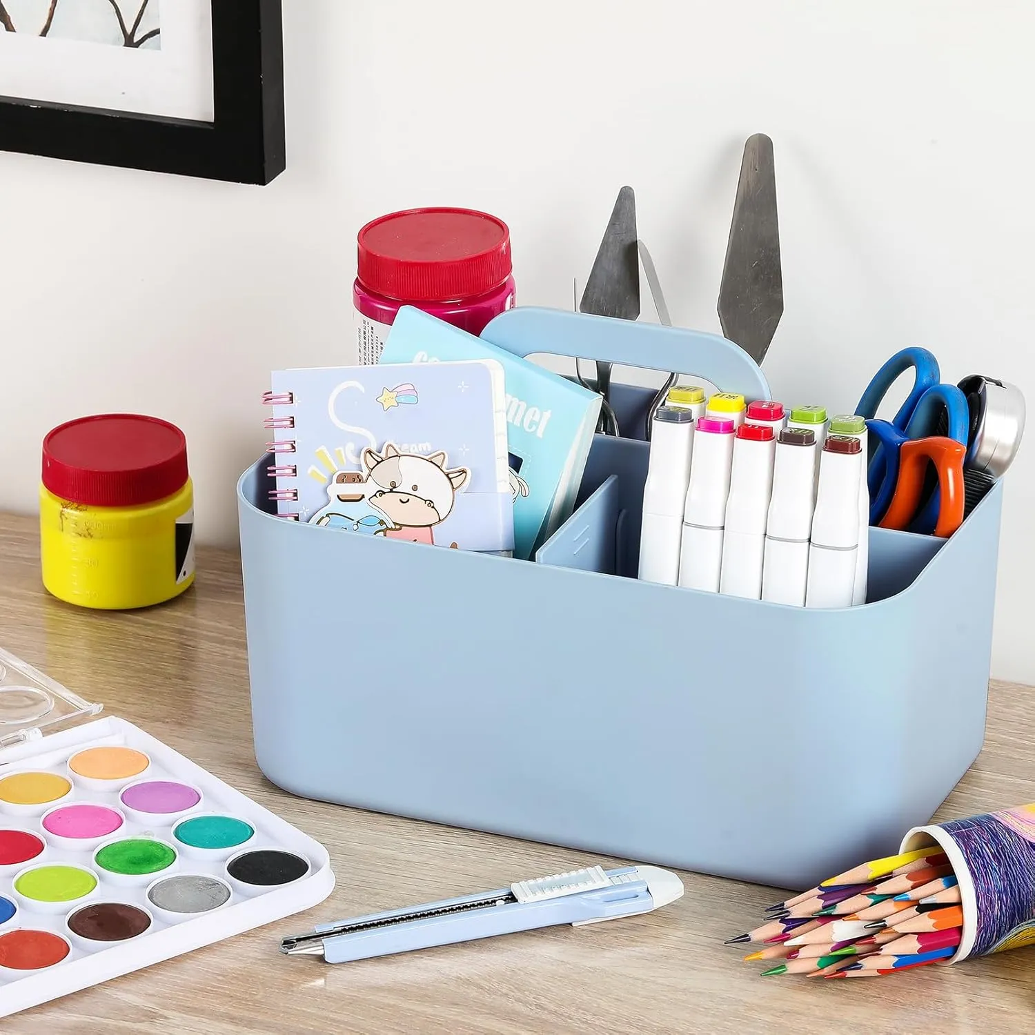 Multiuse Caddy Organizer with Handle - Stackable Plastic Tote Bin - Art Craft Supplies, Office, Desk, Stationery Pen Holder, Kitchen, Utensil, Makeup, Bathroom, Shower, Cleaning, Dorm Organizer - Blue