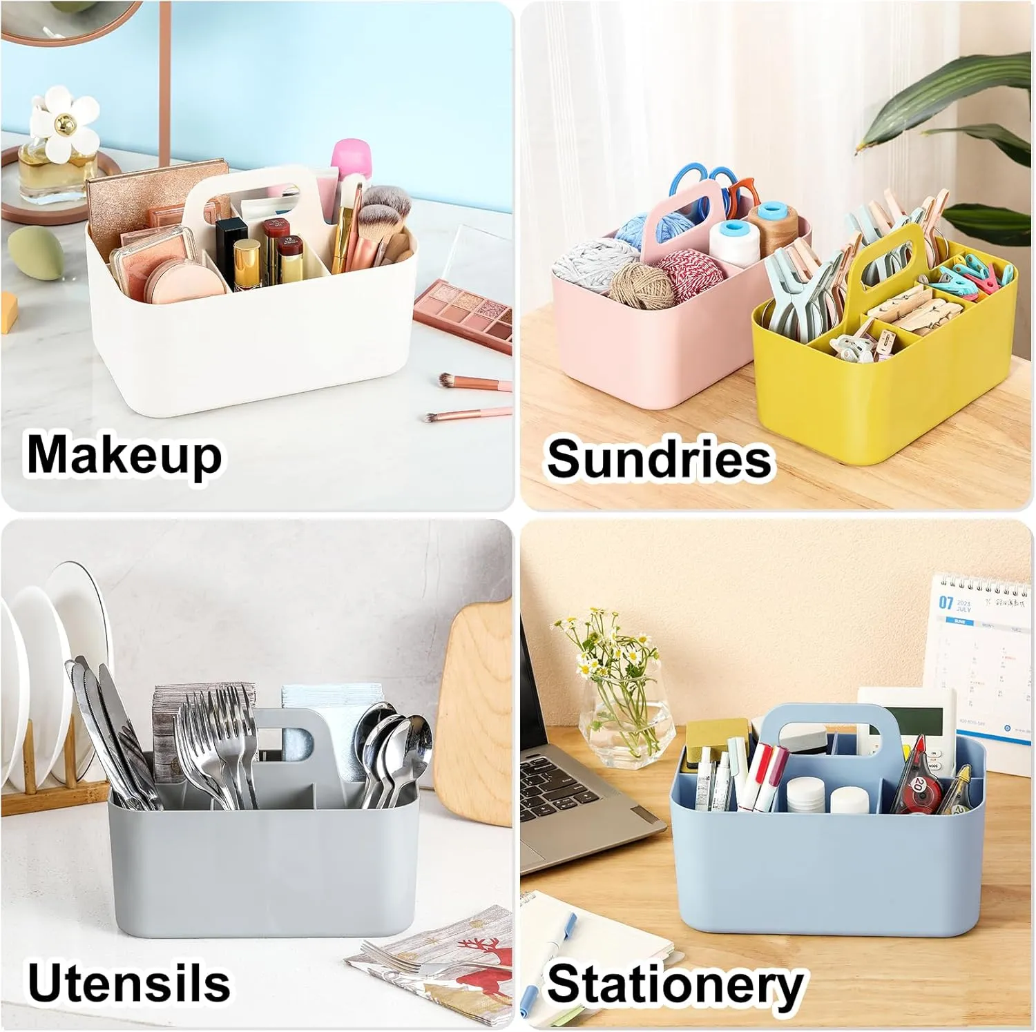 Multiuse Caddy Organizer with Handle - Stackable Plastic Tote Bin - Art Craft Supplies, Office, Desk, Stationery Pen Holder, Kitchen, Utensil, Makeup, Bathroom, Shower, Cleaning, Dorm Organizer - Pink