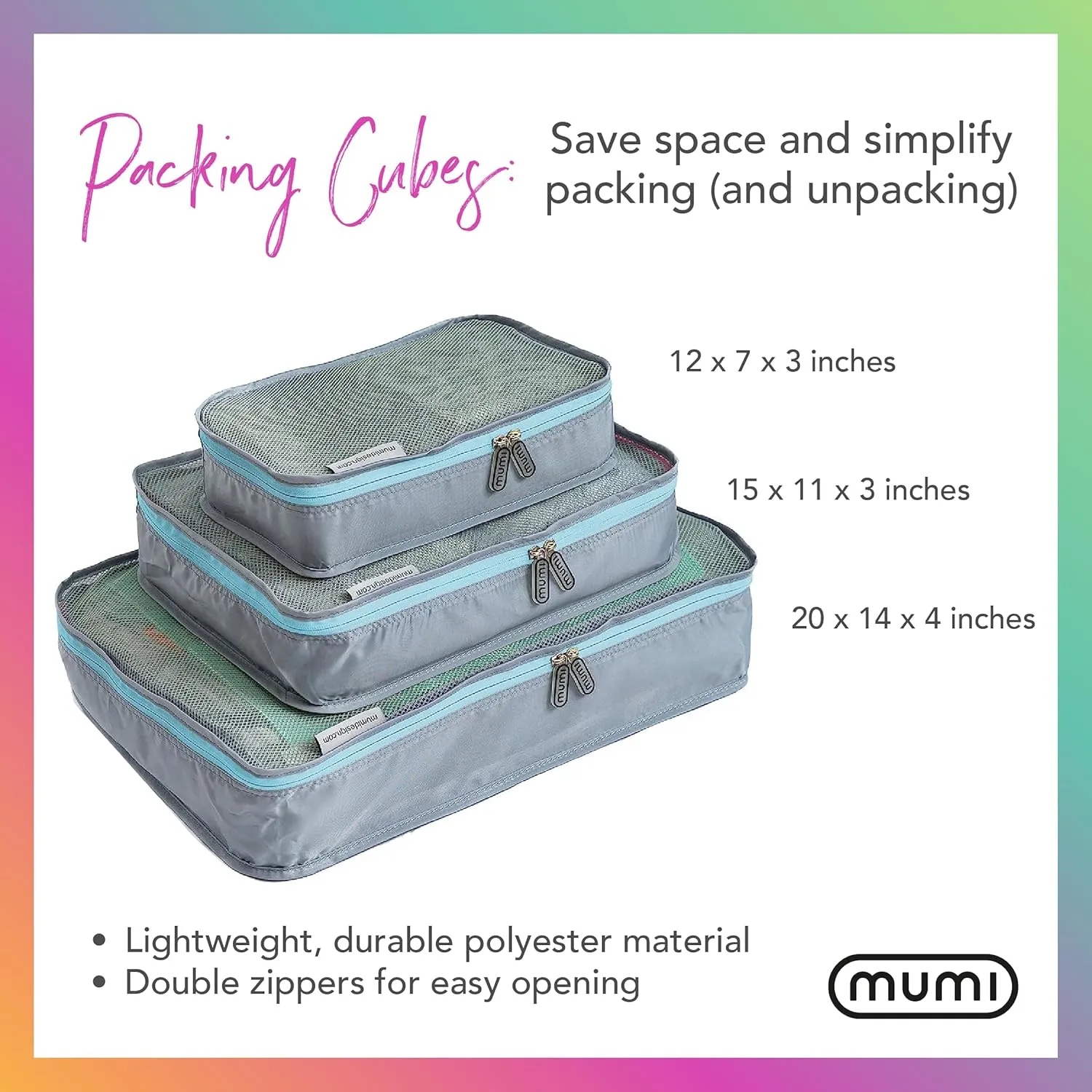 MUMI Piccolo Packing Bundle | Set of 3 Packing Cubes, 2 Toiletry Bags, and 1 Reusable Zip Up Bag | Complete Luggage Organizer and Baby Travel Bags Set