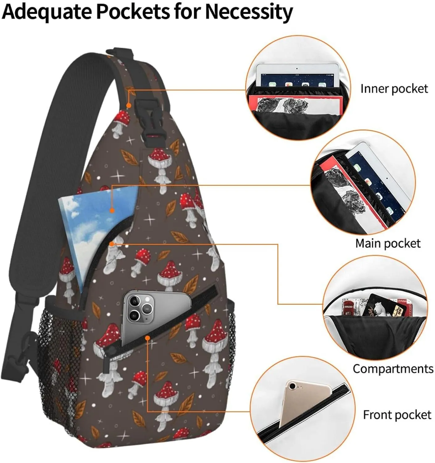 Mushrooms Chest Sling Bag Crossbody Shoulder Backpack Bag Gym Cycling Daypack Travel Hiking Cross Bag