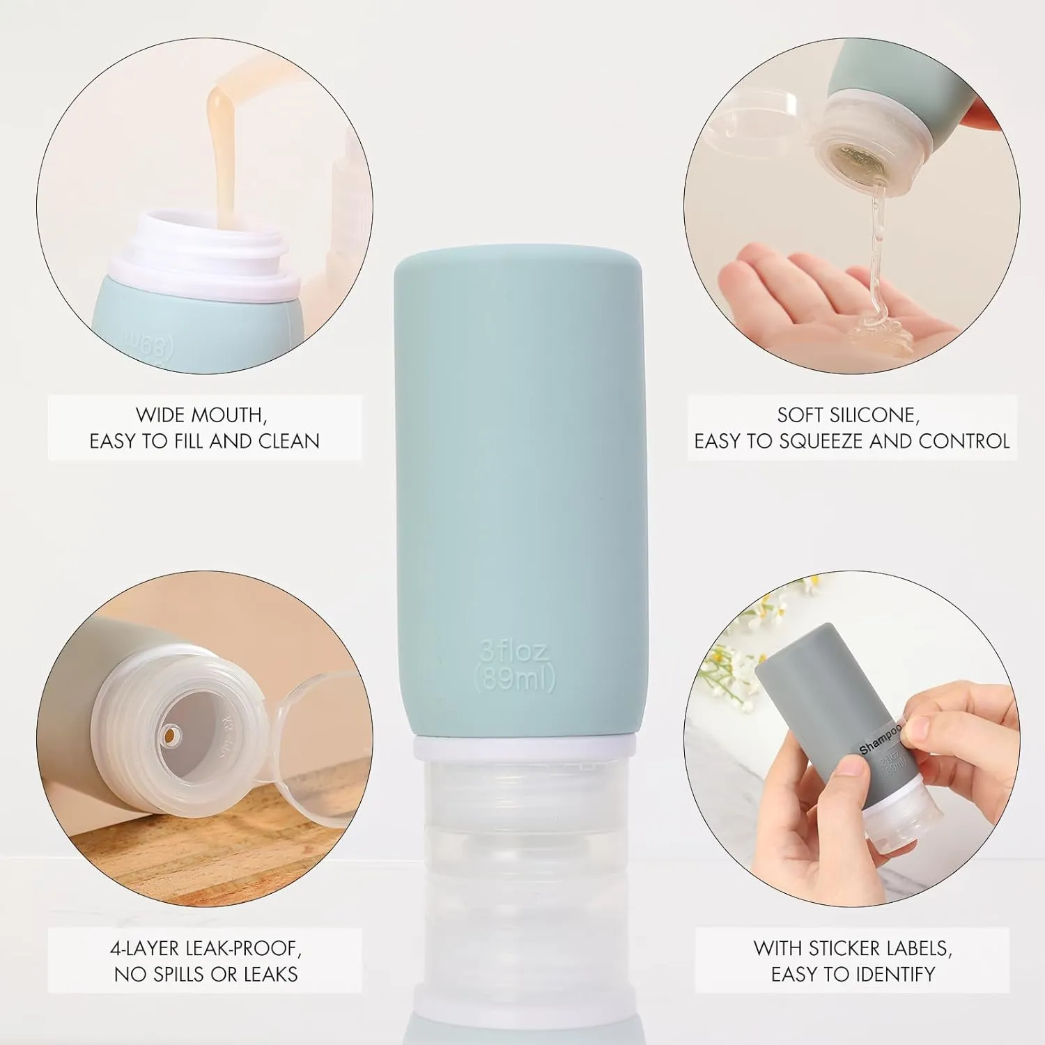 Muslish 21 Pack Travel Bottles for Toiletries, Leak-Proof TSA Compliant Silicone Travel Size Containers for Shampoo and Conditioner, BPA Free with Toiletry Bag (Gray)