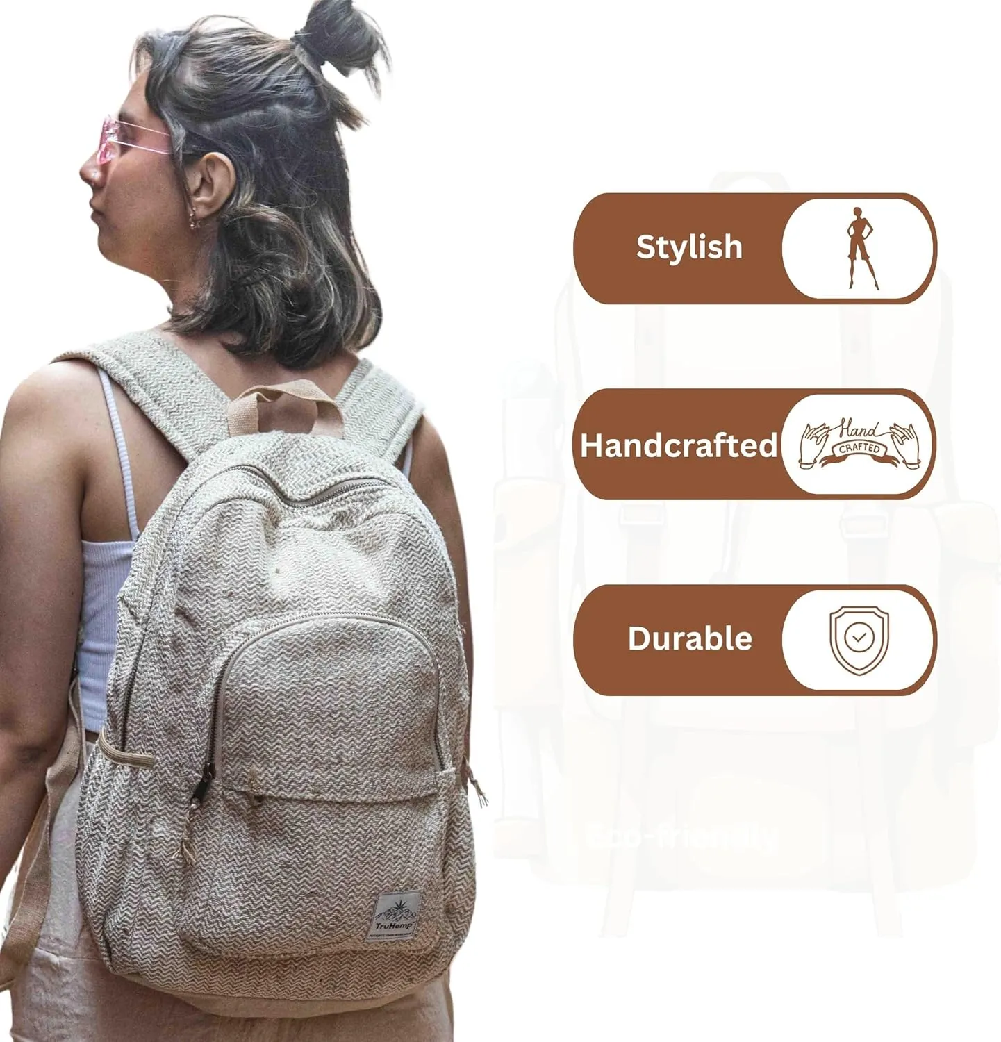 Natural Hemp Backpack, Beige – Stylish Bag with Secure Zippers, Triple Compartment Design, 15L Capacity