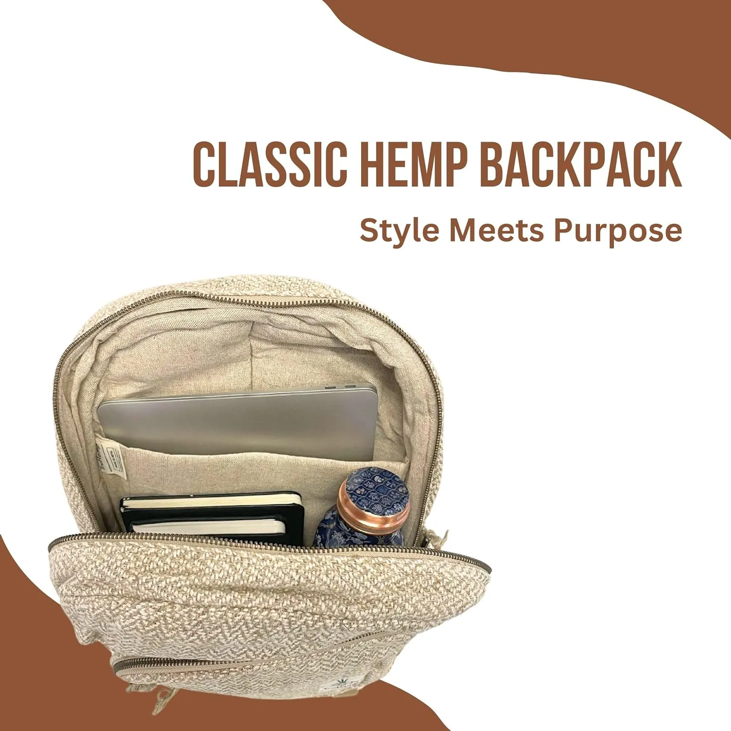 Natural Hemp Backpack, Beige – Stylish Bag with Secure Zippers, Triple Compartment Design, 15L Capacity
