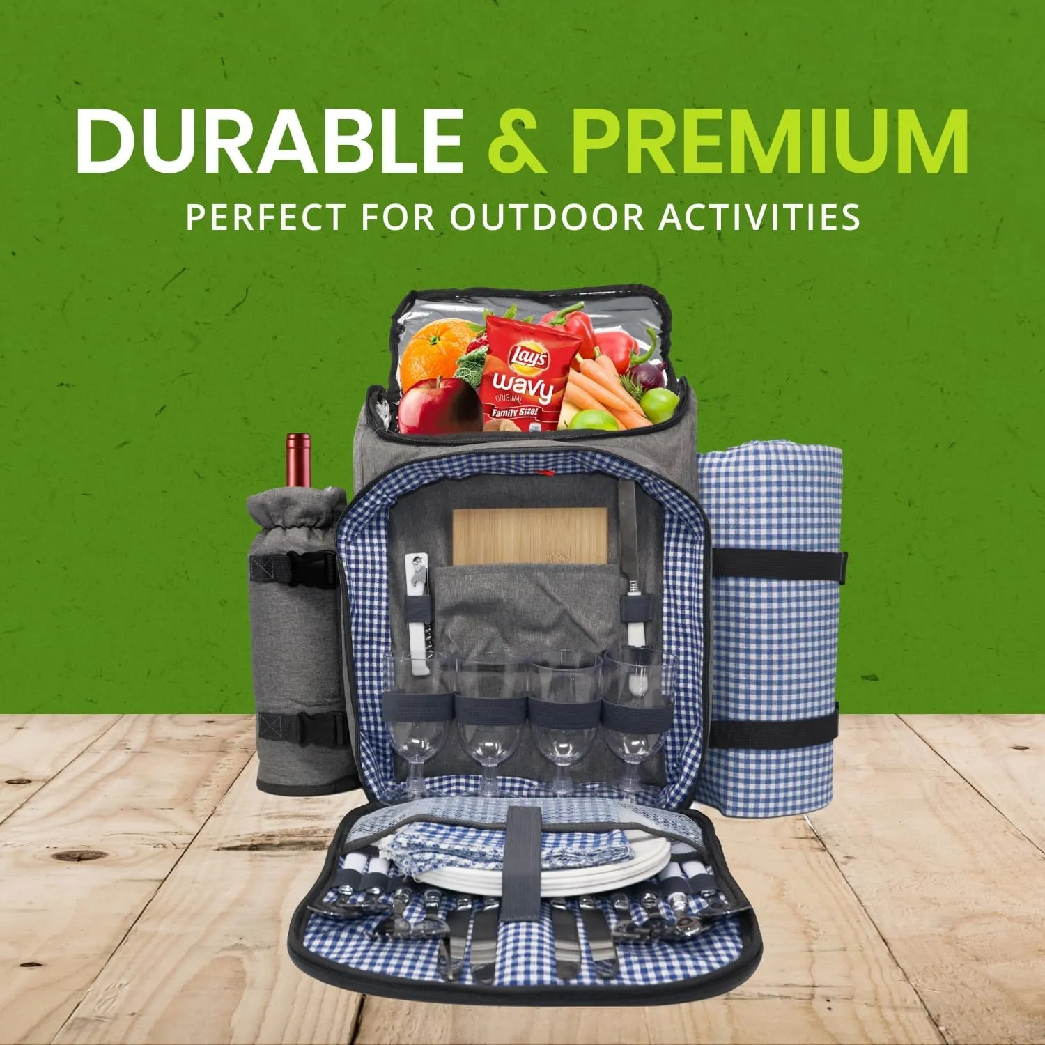 Nature Gear Large Picnic Backpack, Insulated Bag with Detachable Wine Cooler & Picnic Blanket, Includes Dinnerware Set for 4 & Picnic Accessories, Waterproof Outdoor Travel Backpack for Beach, Blue