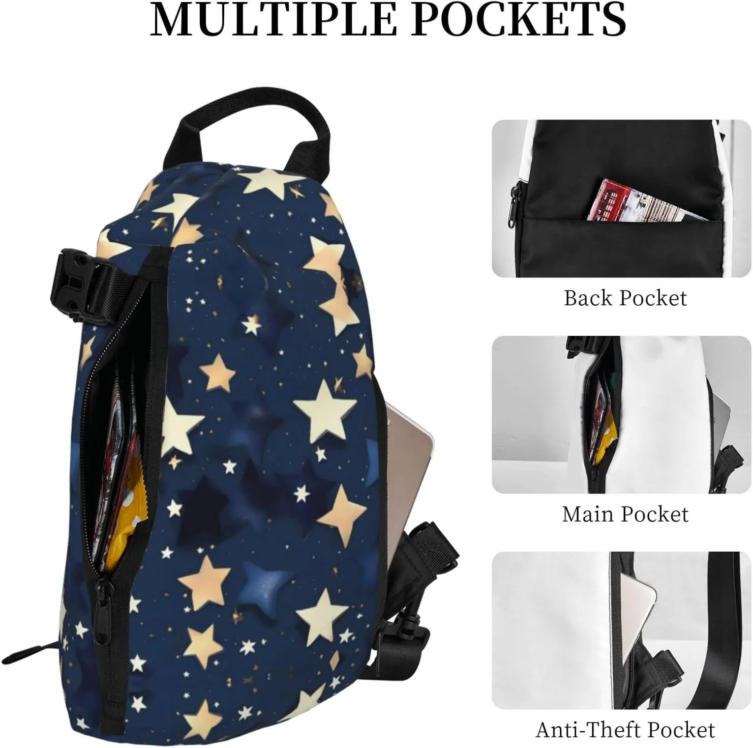 Navy Blue Sky And Stars Print Crossbody Backpack Casual Sling Bag Travel Lightweight, Adjustable Cross Bag