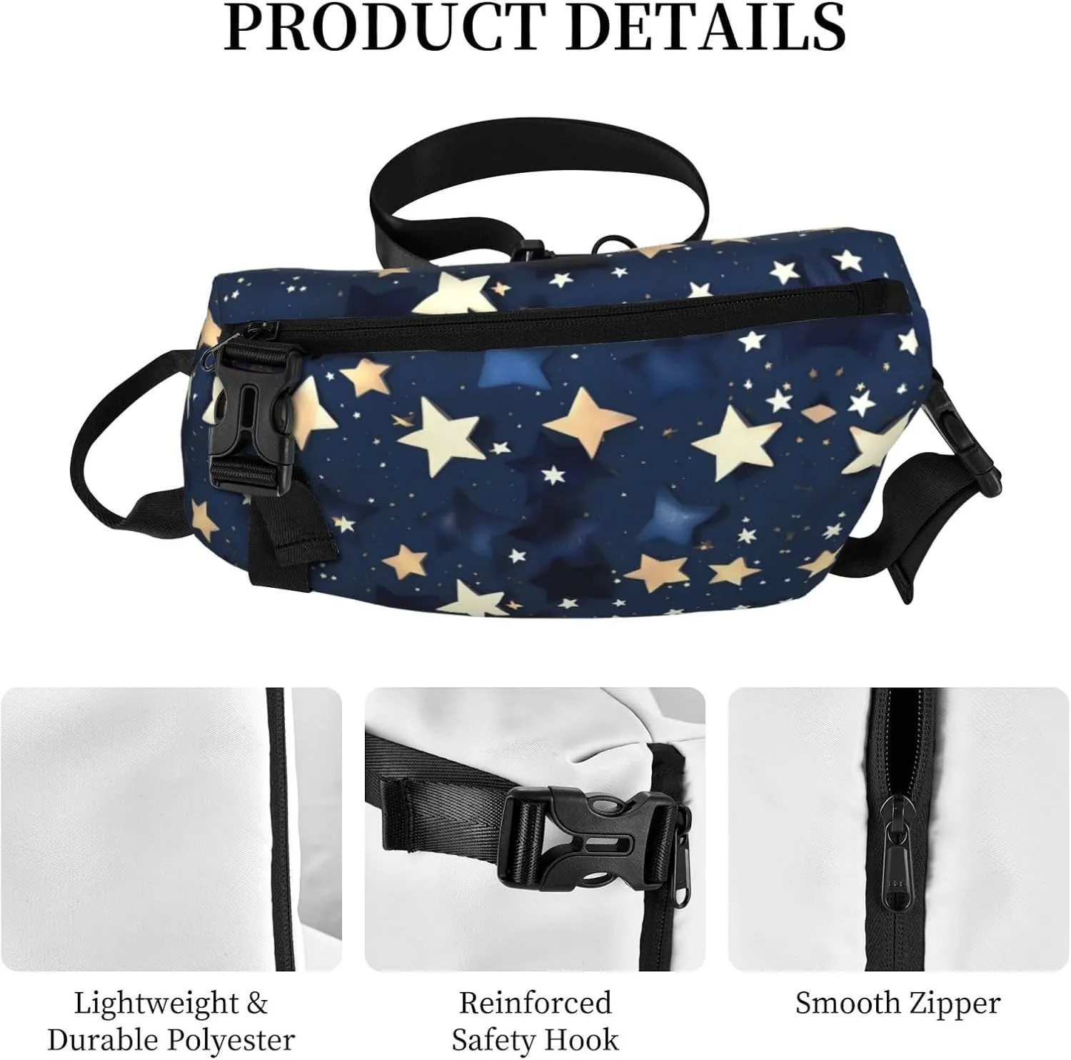 Navy Blue Sky And Stars Print Crossbody Backpack Casual Sling Bag Travel Lightweight, Adjustable Cross Bag