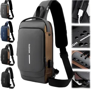 New Carbon Fiber Streamline Anti-Theft Sling Bag, Waterproof USB Charging Sport Sling Anti Theft Shoulder Backpack (Grey with Brown)