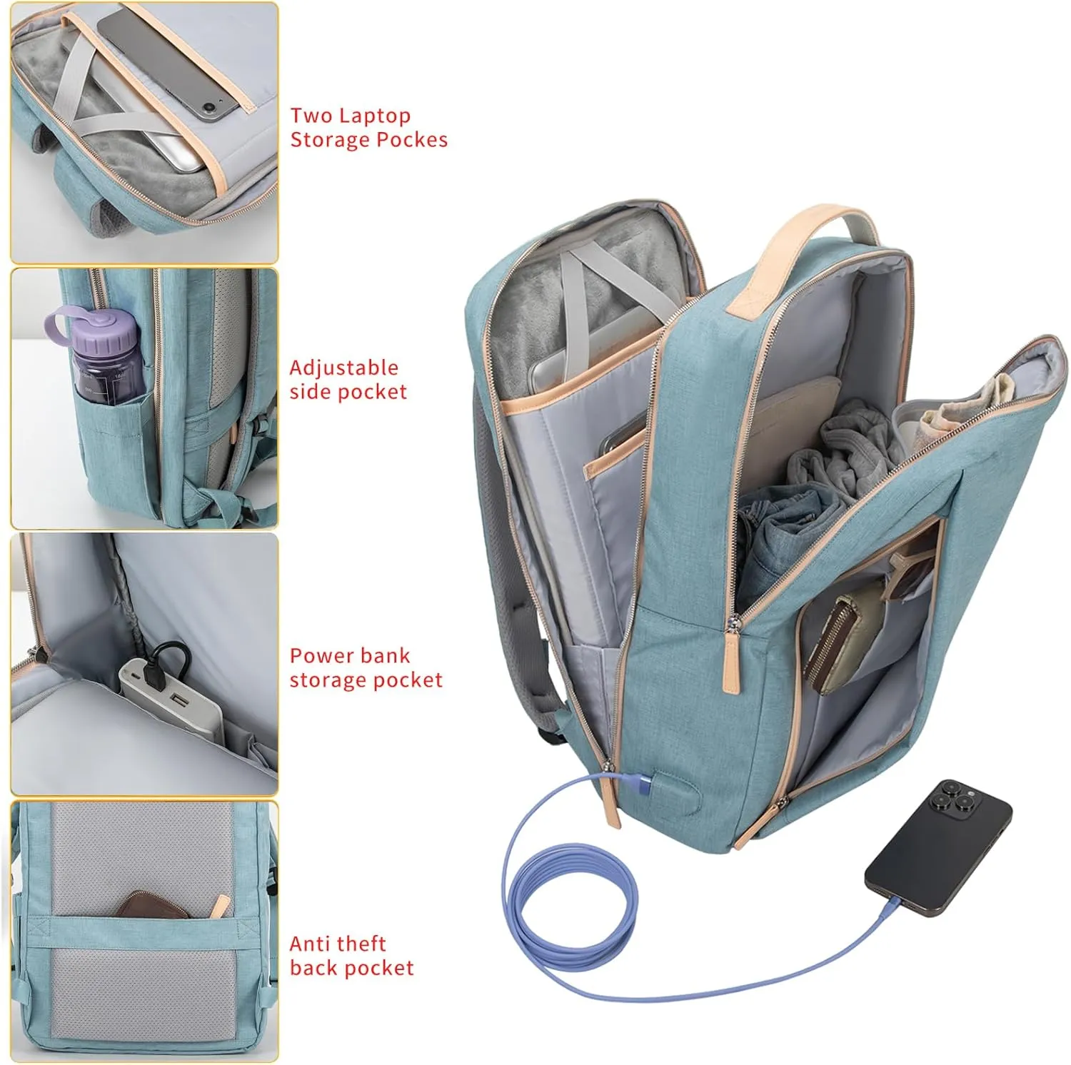 NOBLEMAN Luxury Laptop Backpack Women, Durable Tsa Friendly Work Business Travel Backpack with USB Charging Port, Multi-Compartment College Casual Dayback Backpack Fits 17 Inch Laptop (Blue)