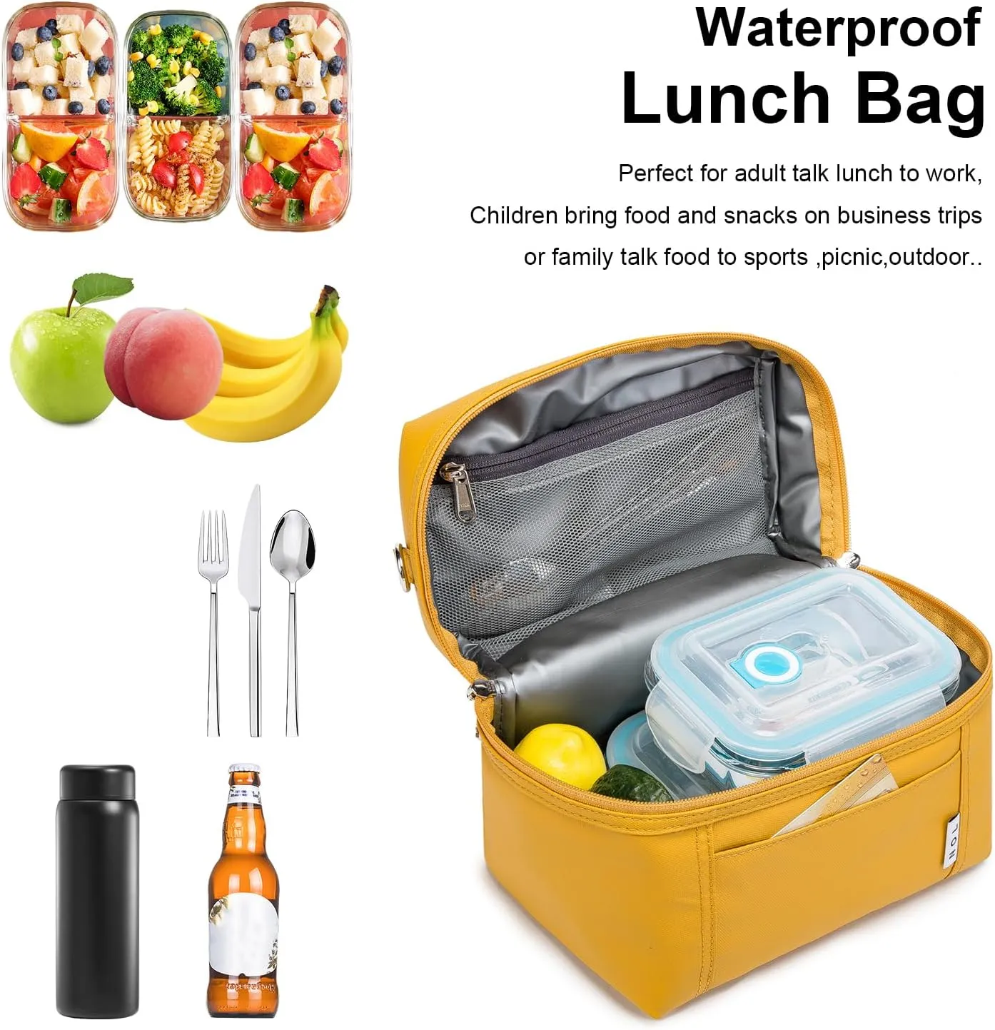 NOL Natural Organic Lifestyle Insulated Lunch Bags for Women Cooler Bag Lightweight Nylon Waterproof Lunch Box For Work (Earth-yellow, Medium(normal))