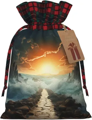 NONHAI Christmas Drawstring Gift Bags Divided Sea Pathway Santa Bag Buffalo Christmas Burlap Bags with Gift Tags Upgraded Candy Gift Wrapping Bags for Christmas Presents Party Favor Goody Sack