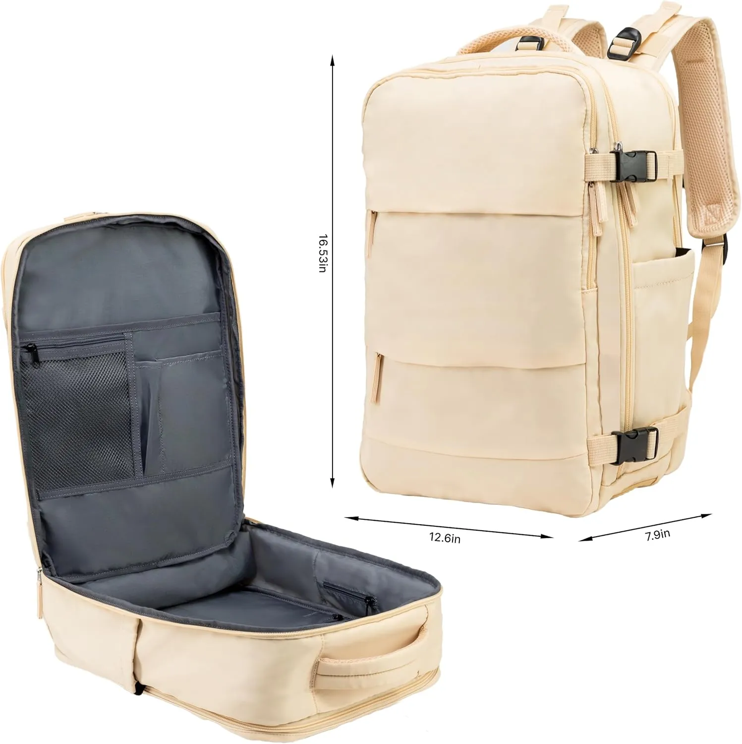 (Not Made In China) Travel Backpack For Men and Women, Airline Approved Carry On Bag w/Shoe Compartment, Fits 16 inch Laptop Computer, Personal Item Bag w/USB Charging Port (Columbus, Beige, 1 Pack)