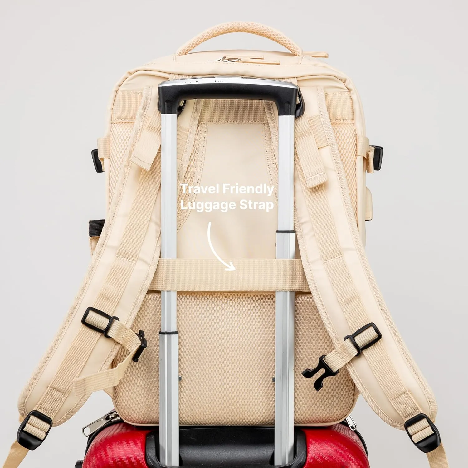 (Not Made In China) Travel Backpack For Men and Women, Airline Approved Carry On Bag w/Shoe Compartment, Fits 16 inch Laptop Computer, Personal Item Bag w/USB Charging Port (Columbus, Beige, 1 Pack)