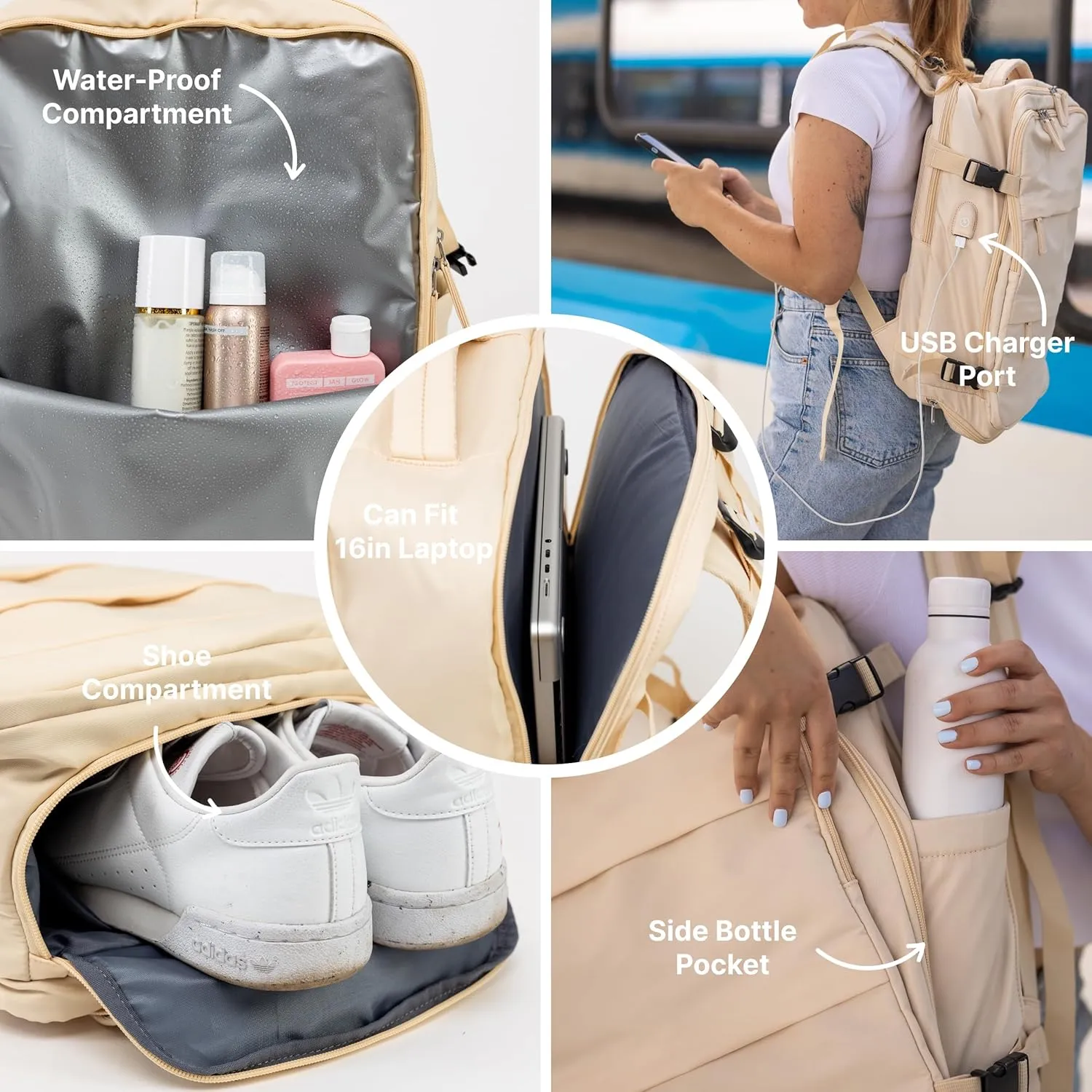 (Not Made In China) Travel Backpack For Men and Women, Airline Approved Carry On Bag w/Shoe Compartment, Fits 16 inch Laptop Computer, Personal Item Bag w/USB Charging Port (Columbus, Beige, 1 Pack)
