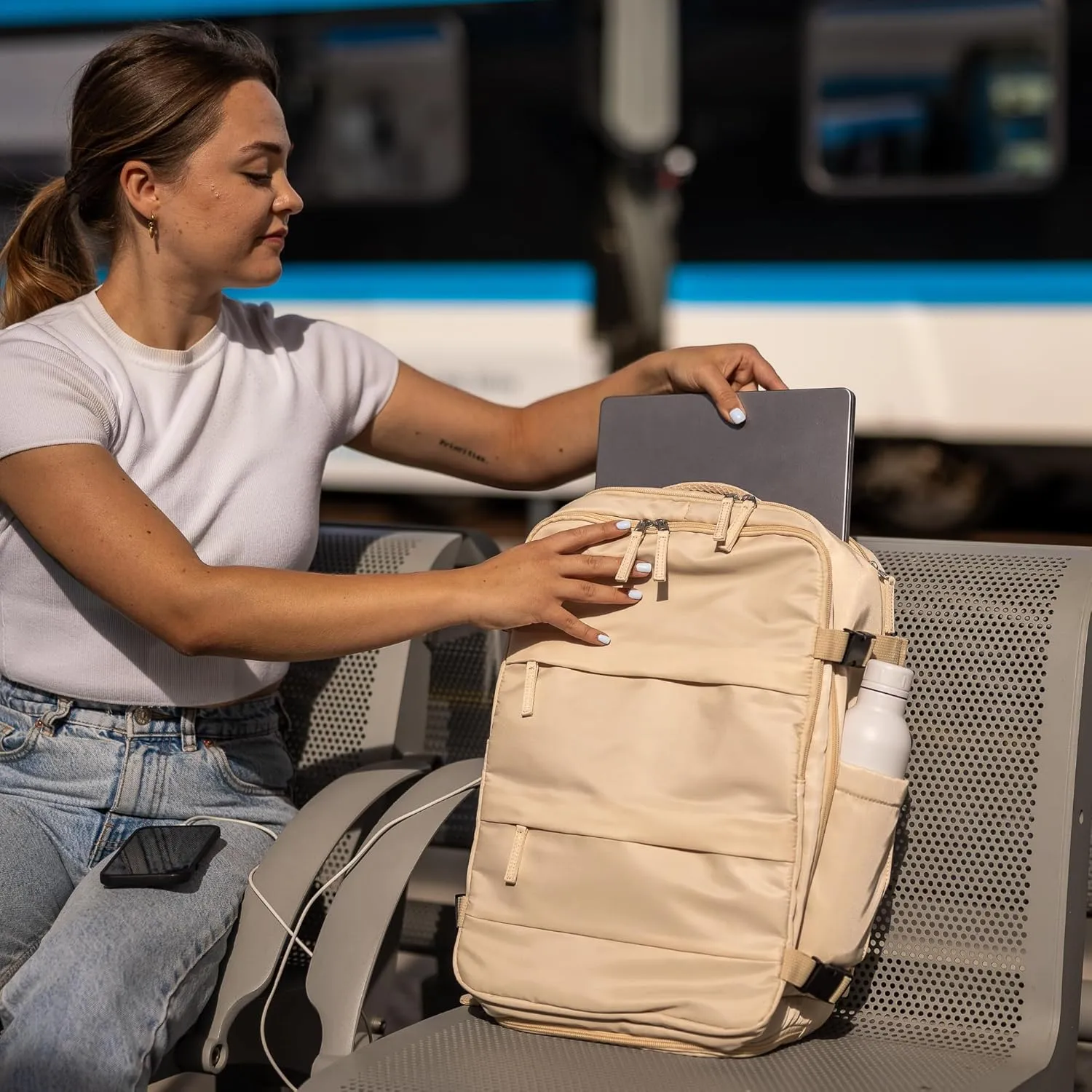 (Not Made In China) Travel Backpack For Men and Women, Airline Approved Carry On Bag w/Shoe Compartment, Fits 16 inch Laptop Computer, Personal Item Bag w/USB Charging Port (Columbus, Beige, 1 Pack)