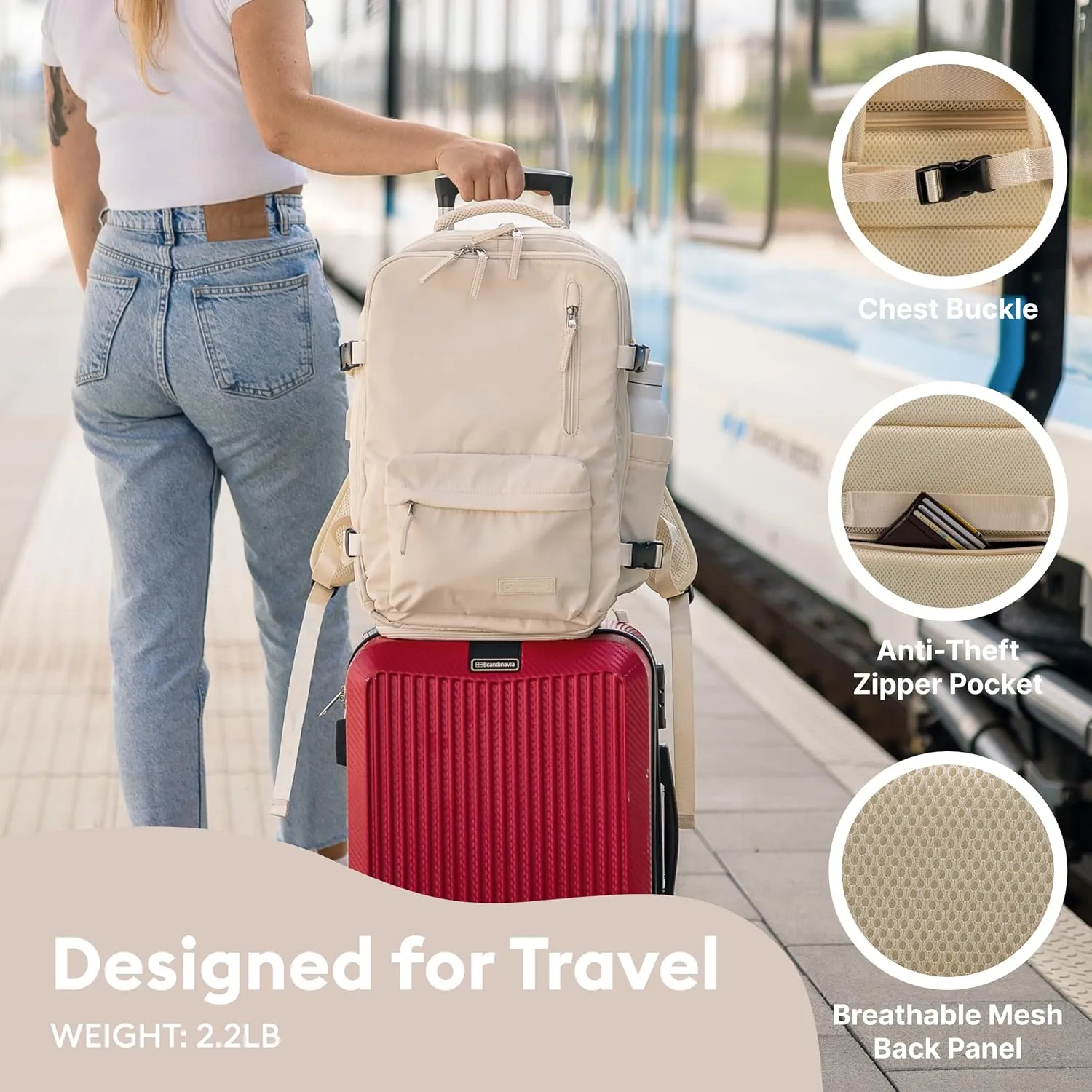 (Not Made In China) Travel Backpack For Men and Women, Airline Approved Carry On Bag w/Shoe Compartment, Holds 15.6" Laptop, USB Charging Port (Amerigo, Beige, 2 Pack)