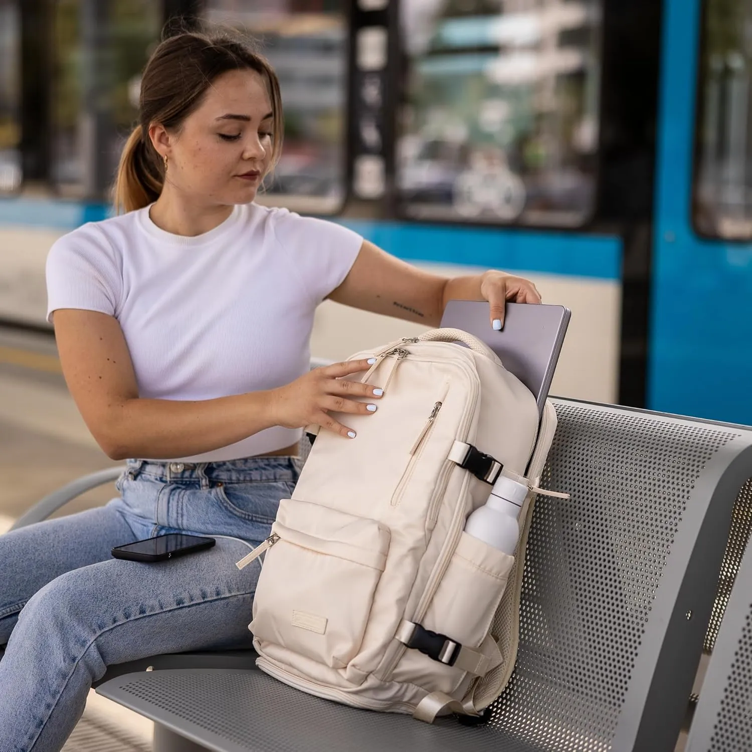 (Not Made In China) Travel Backpack For Men and Women, Airline Approved Carry On Bag w/Shoe Compartment, Holds 15.6" Laptop, USB Charging Port (Amerigo, Beige, 2 Pack)