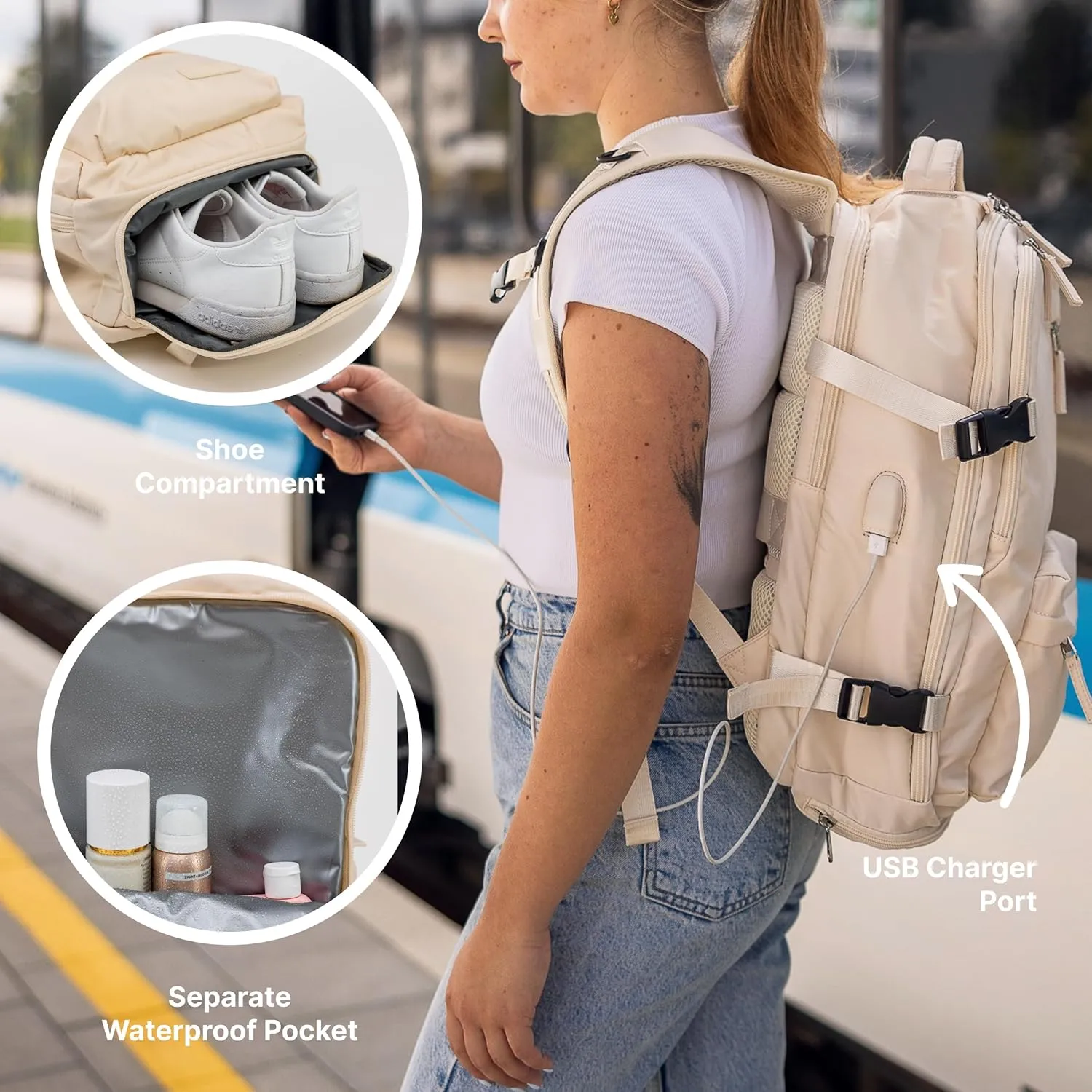 (Not Made In China) Travel Backpack For Men and Women, Airline Approved Carry On Bag w/Shoe Compartment, Holds 15.6" Laptop, USB Charging Port (Amerigo, Beige, 2 Pack)