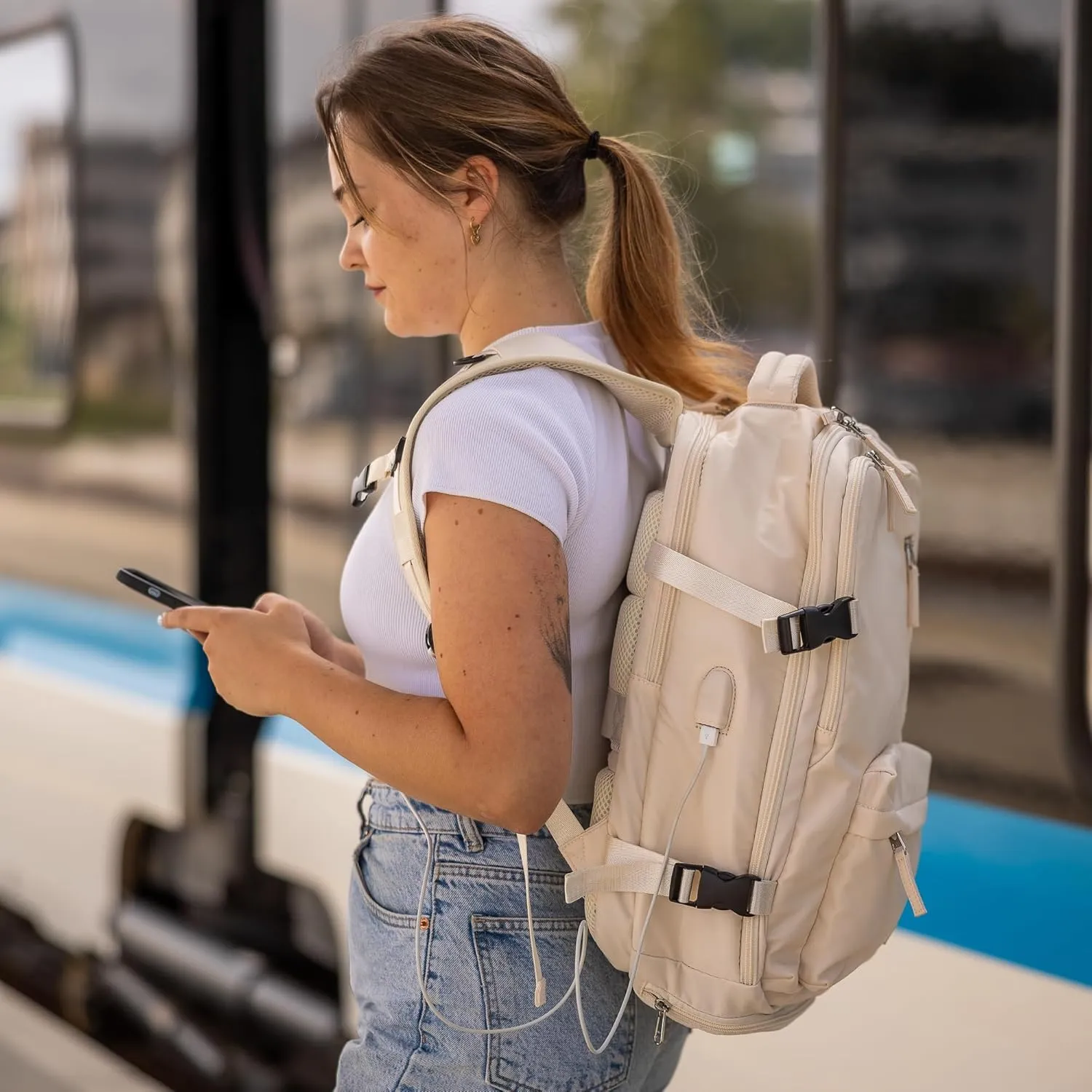 (Not Made In China) Travel Backpack For Men and Women, Airline Approved Carry On Bag w/Shoe Compartment, Holds 15.6" Laptop, USB Charging Port (Amerigo, Beige, 2 Pack)