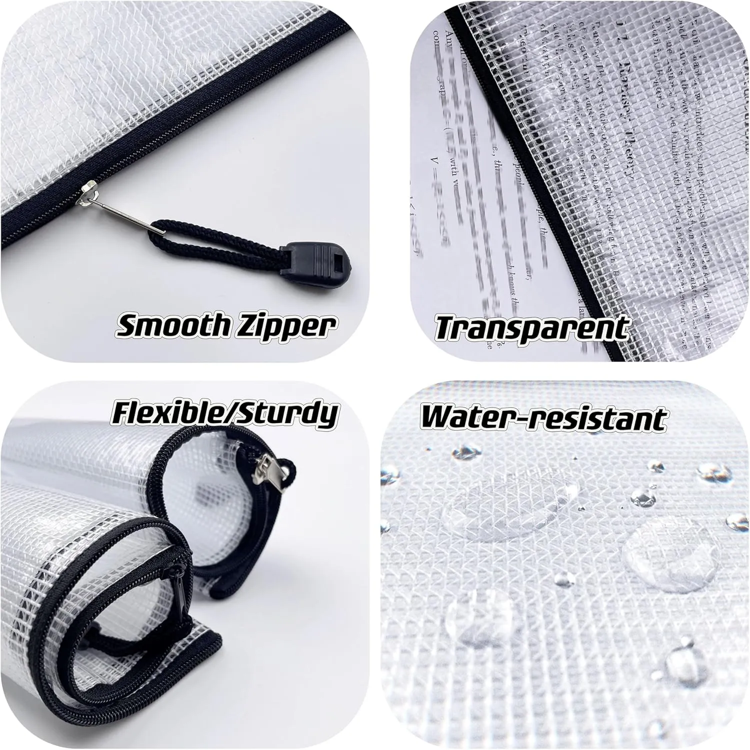 Oaimyy-A4(9"x 13",12 Pcs),Plastic Mesh Zipper Pouch Document Folders Bag Zip File Folders for School Office Supplies, Travel,Puzzles Games Organizing Storage-Black