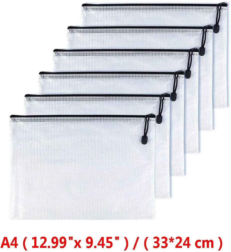 Oaimyy-A4(9"x 13",12 Pcs),Plastic Mesh Zipper Pouch Document Folders Bag Zip File Folders for School Office Supplies, Travel,Puzzles Games Organizing Storage-Black