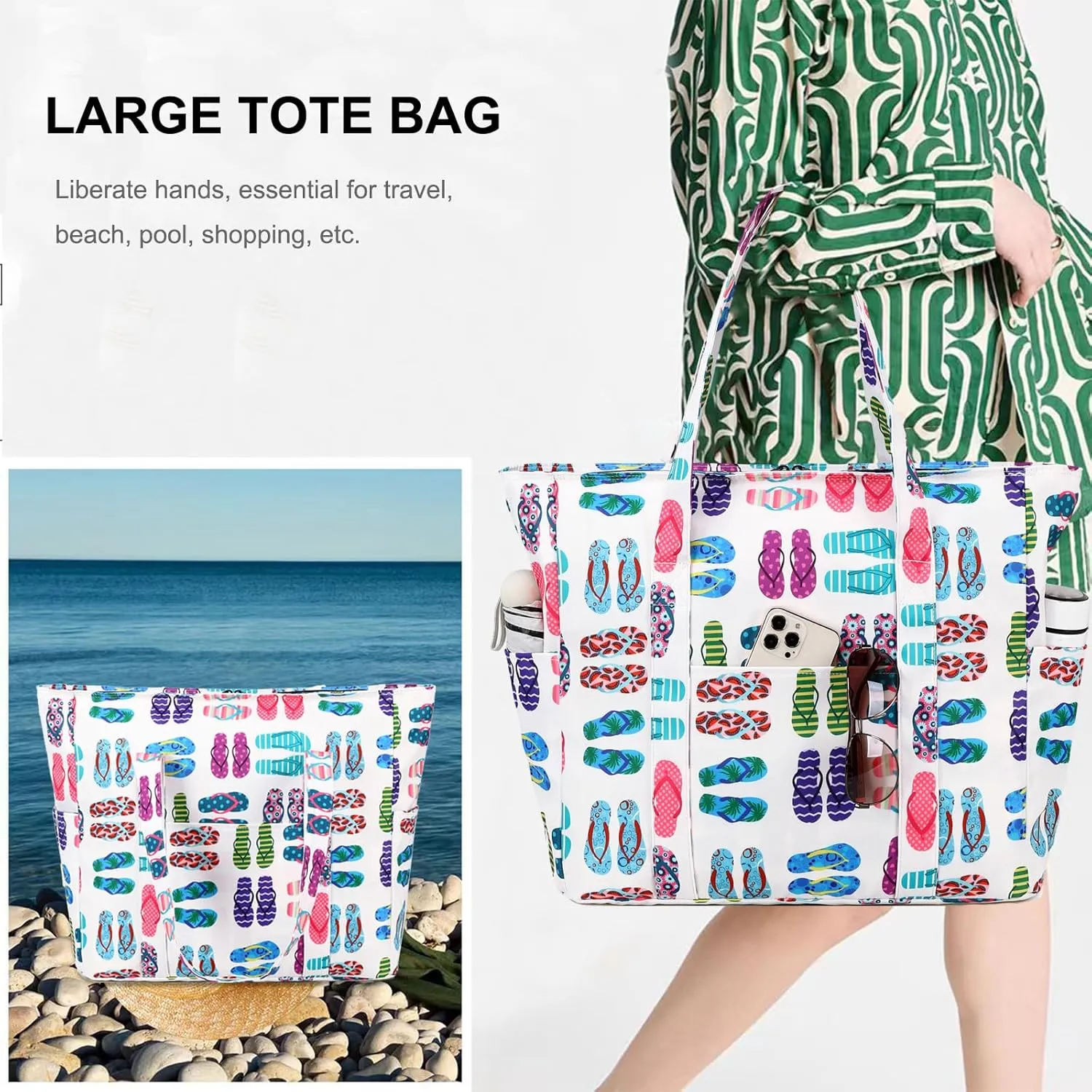 Octsky Roomy Beach Bags for Women - Waterproof Sandproof Beach Tote with Dual Zipper and Wet Pocket - 3 Outside Pockets