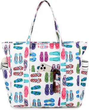 Octsky Roomy Beach Bags for Women - Waterproof Sandproof Beach Tote with Dual Zipper and Wet Pocket - 3 Outside Pockets