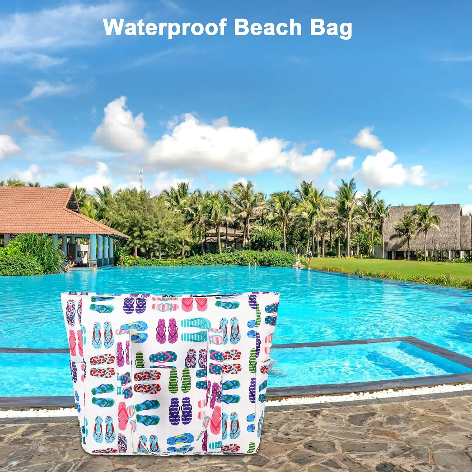 Octsky Roomy Beach Bags for Women - Waterproof Sandproof Beach Tote with Dual Zipper and Wet Pocket - 3 Outside Pockets