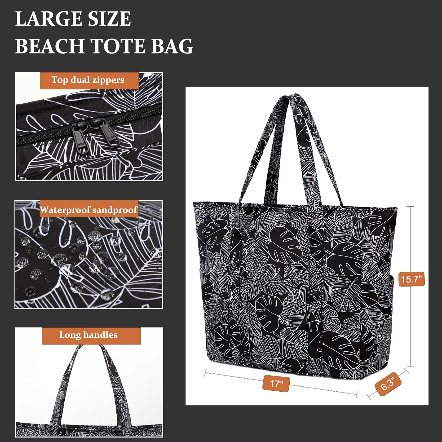 Octsky Roomy Beach Bags for Women - Waterproof Sandproof Beach Tote with Dual Zipper and Wet Pocket - 3 Outside Pockets
