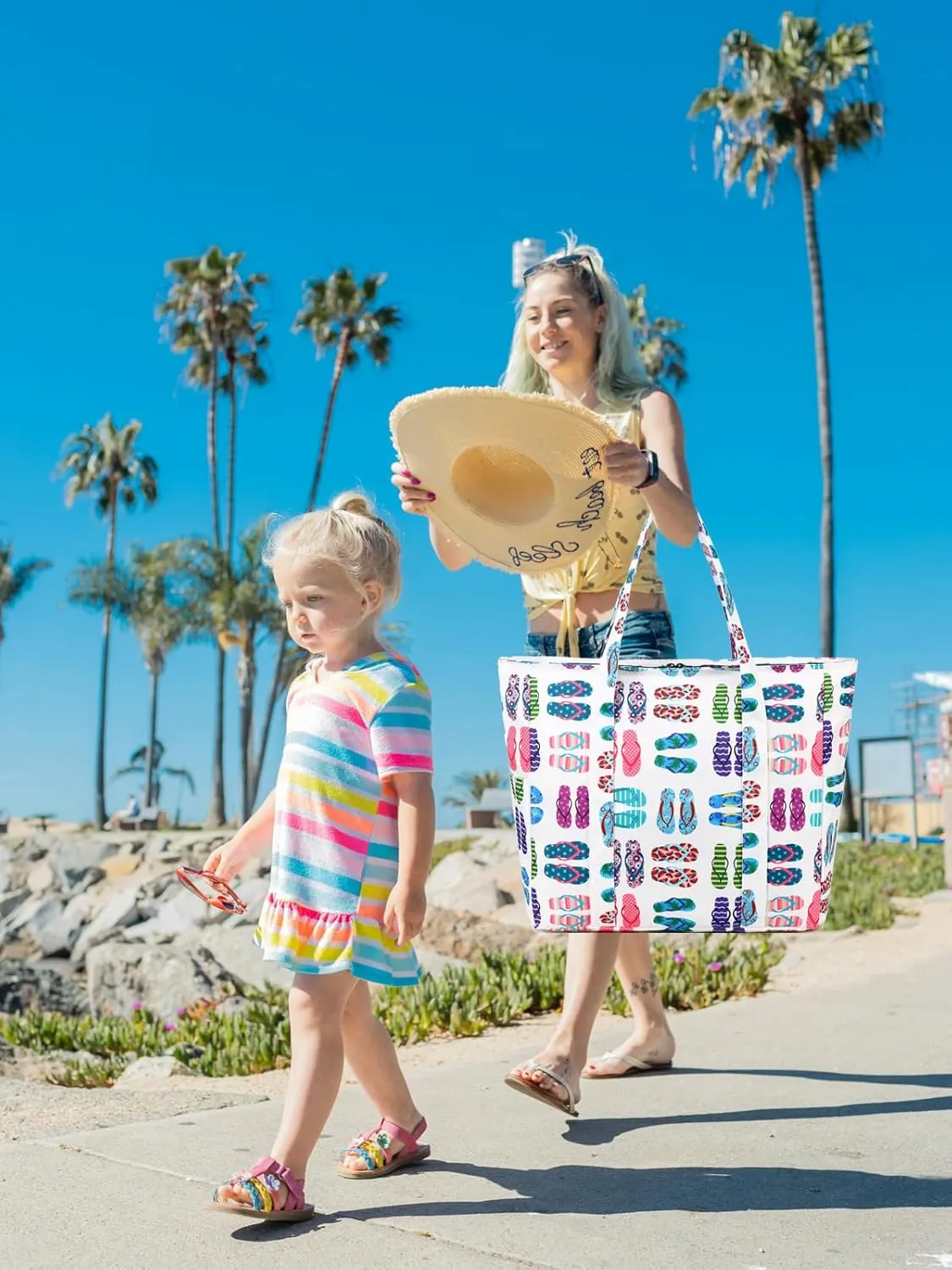 Octsky Roomy Beach Bags for Women - Waterproof Sandproof Beach Tote with Dual Zipper and Wet Pocket - 3 Outside Pockets